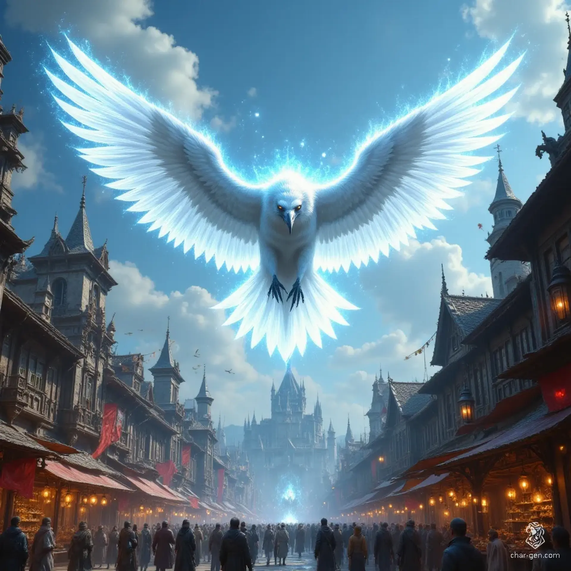 A radiant deva takes the form of a giant, menacing crow with light feathers, soaring above the city. Its luminescent, light-skinned body and large white wings exude a serene yet noble presence, contrasting sharply with its ominous, powerful flight.
