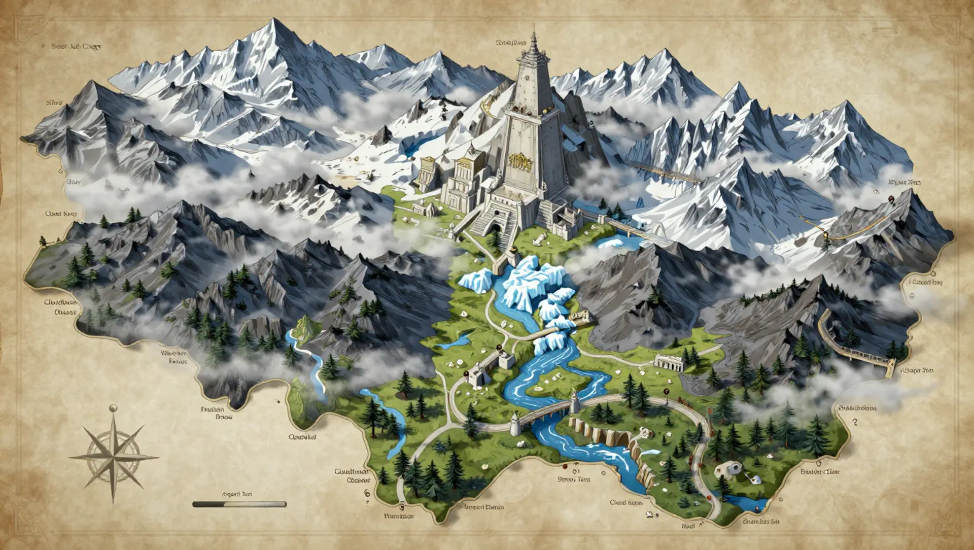 House Ouss-Sphaer: The Argent Heights and Cloud Keep - AI-generated fantasy Region
