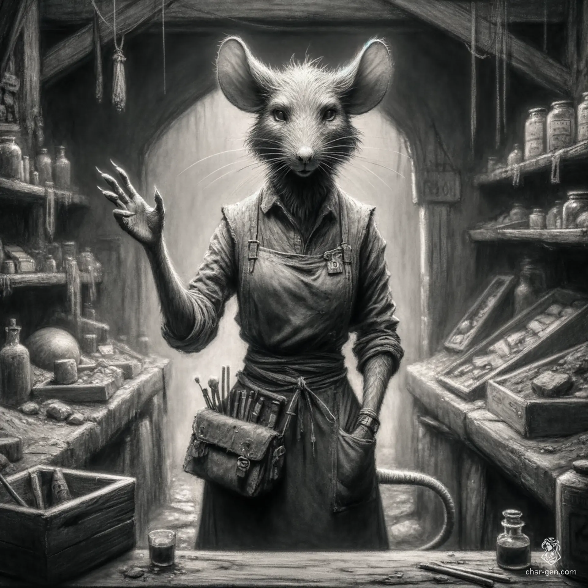 Meet Nibbles, a resourceful female ratfolk shopkeeper with a keen eye for bargains. With her anthropomorphic rat features—whiskers, ears, and a vibrant personality—she navigates the bustling marketplace, skillfully bartering goods and sharing tales of adventure with curious customers in her cozy store.