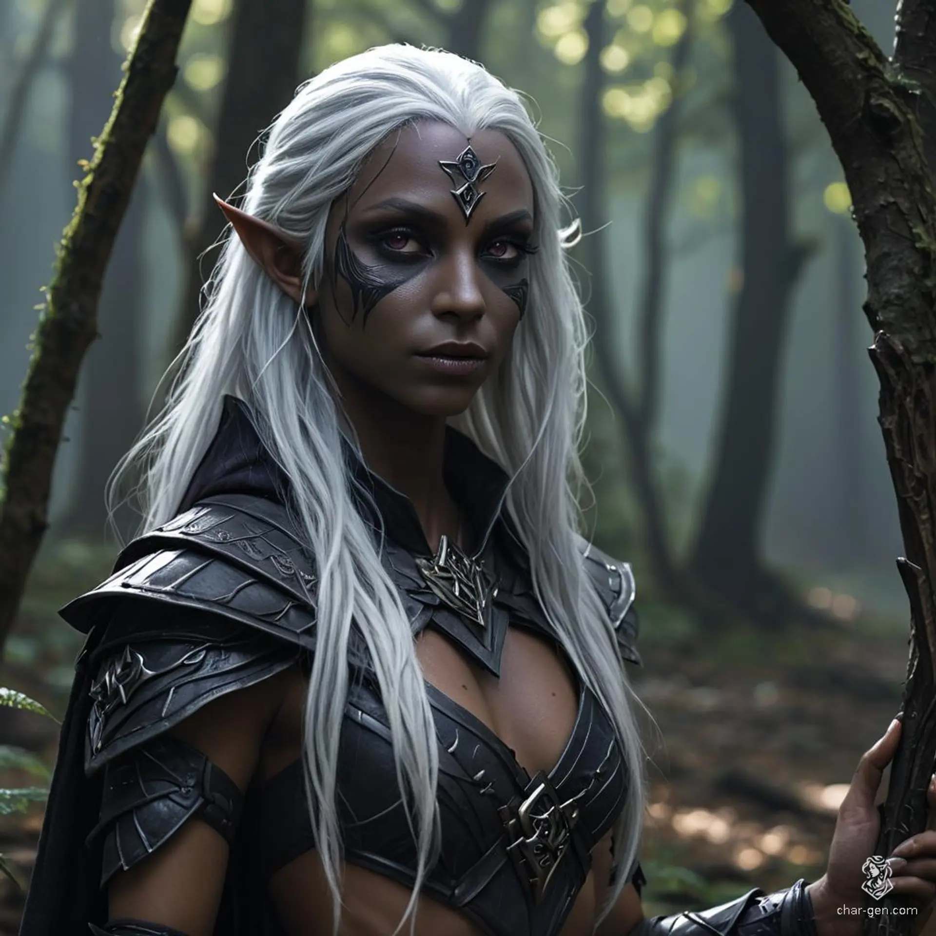 A confident female dark elf fighter with dark grey skin and distinct tan undertones, wields various weapons. She has wavy, long white hair and striking purple eyes. Her poised stance reflects her formidable prowess in combat.