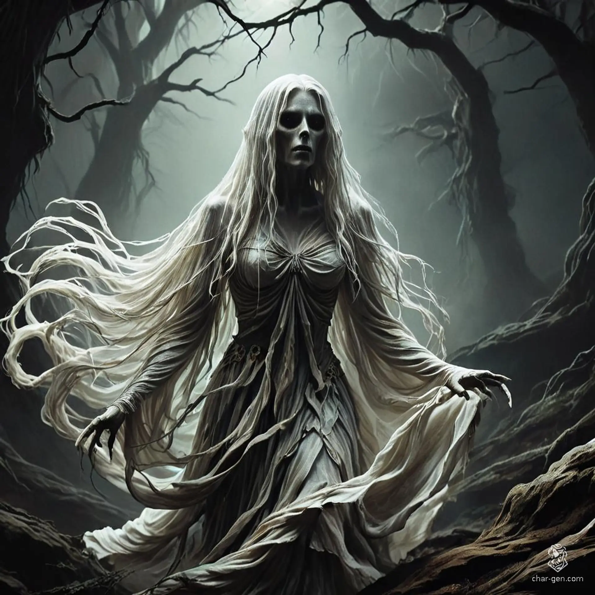 A spectral woman with flowing white hair and pale skin, this 1-year-old banshee haunts in ragged, ethereal robes. Her piercing wail forewarns doom, freezing hearts and souls in terror. 