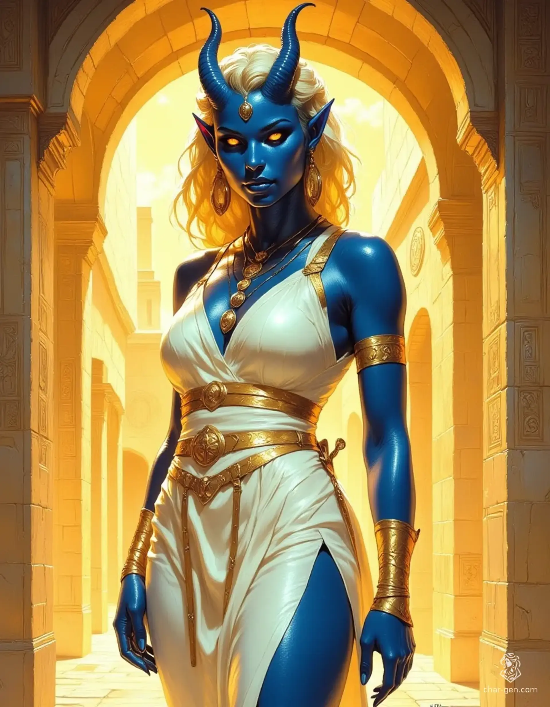 Inquisitor Nefkari, a graceful tiefling warlock, stands poised in the desert temple of Isis. Her glossy dark blue skin and cruelly beautiful features are accentuated by upswept blonde hair and piercing amber eyes. Draped in flowing white robes and adorned with gold jewelry, her aura radiates raw arcane power.