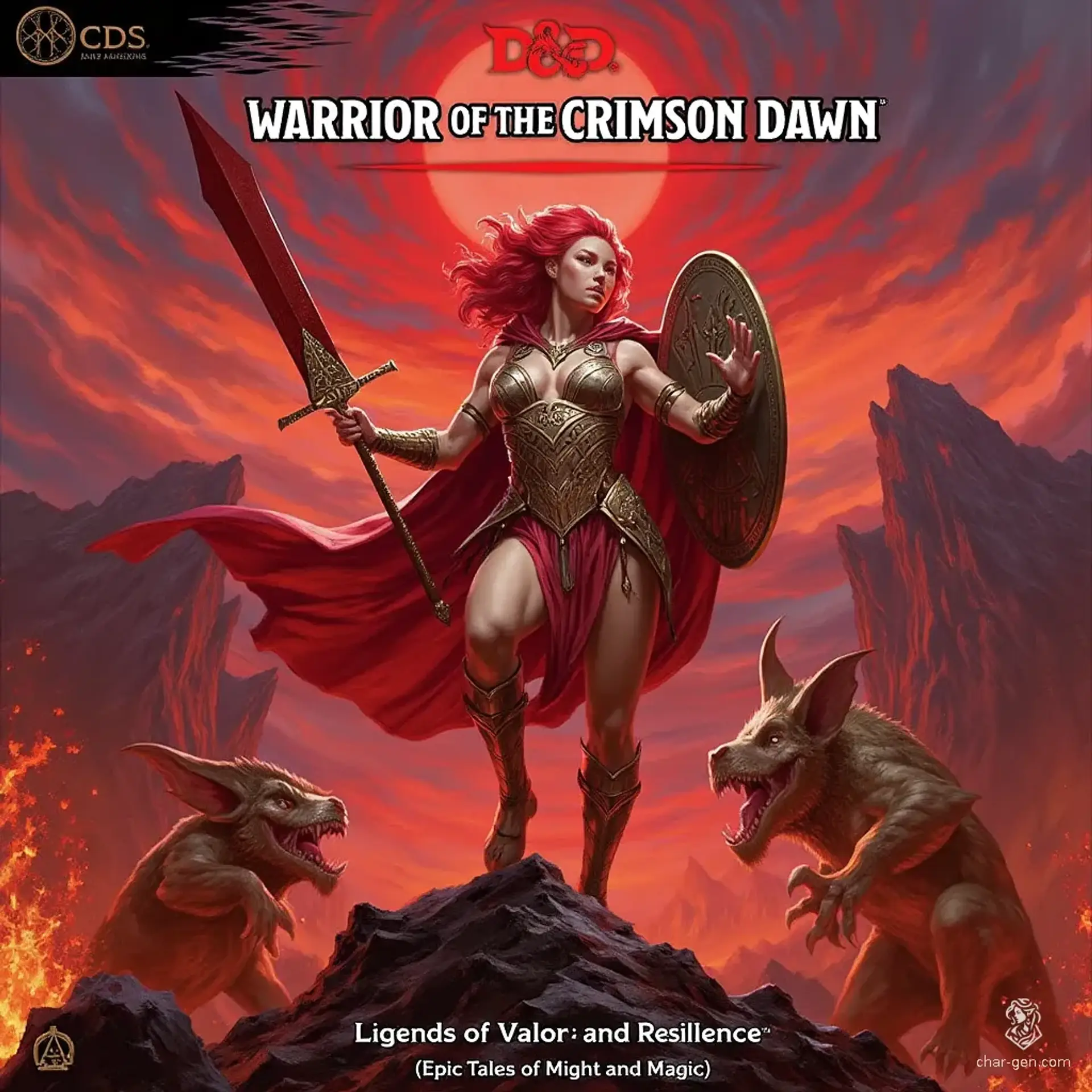 A fierce barbarian warrior woman stands triumphantly on a rocky battlefield, her fiery red hair billowing in the wind. Adorned in a rune-etched chainmail bikini, she wields a bloodied sword and a battered shield, embodying strength amidst defeated foes under a dramatic crimson sunset.