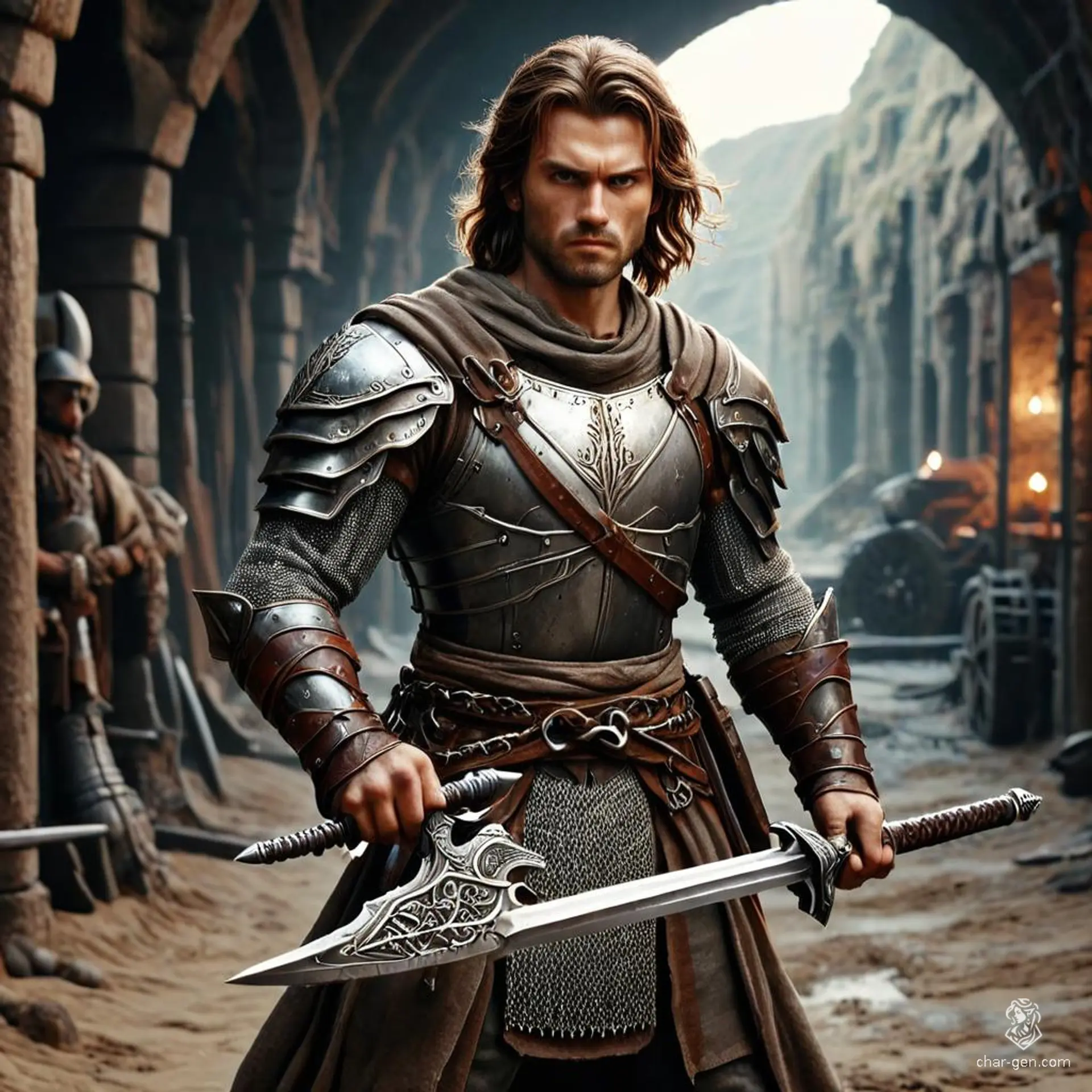 Errkin is a confident, very strong human fighter with a hardy demeanor. He wields a prominently featured longsword and a variety of other weapons. Clad in intricately detailed chain mail, his medium build and visible human features exhibit his formidable presence in battle.