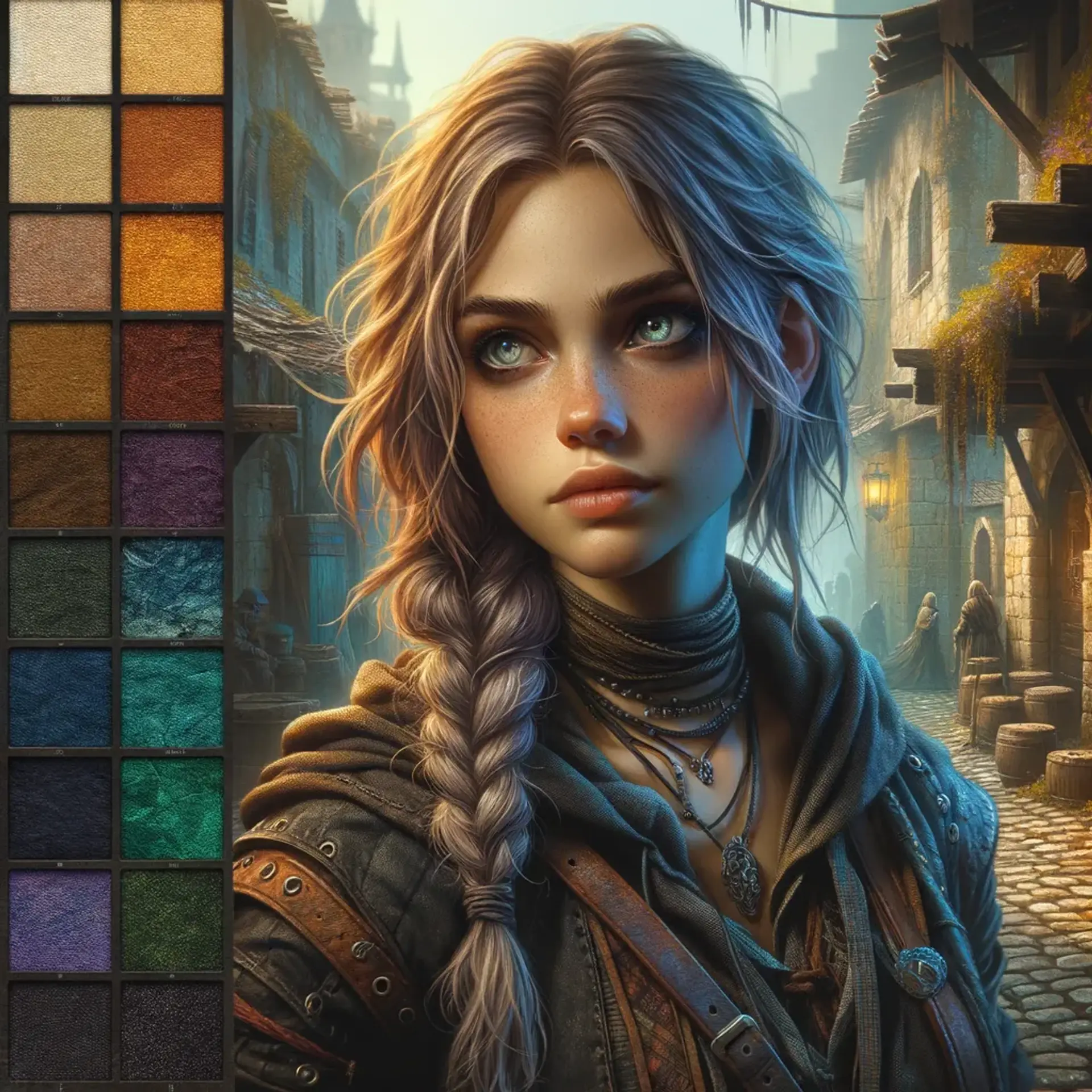 A young, agile female rogue navigates the shadows with ease, her long, dirty blonde braid trailing behind her. Dressed in dark, tattered clothes, her medium skin glows subtly in the dim light, marking her as a resourceful thief from the streets, always ready to outsmart her foes.