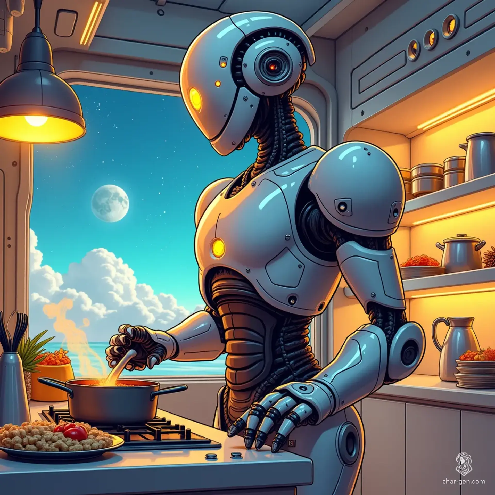 ID10T is a sleek, humanoid steward robot with a polished silver chassis and a glowing optical sensor. In the ship's galley, he balances efficiency and warmth, deftly preparing meals while remaining poised for action with hidden fusion cannons. His design embodies both service and security in perfect harmony.