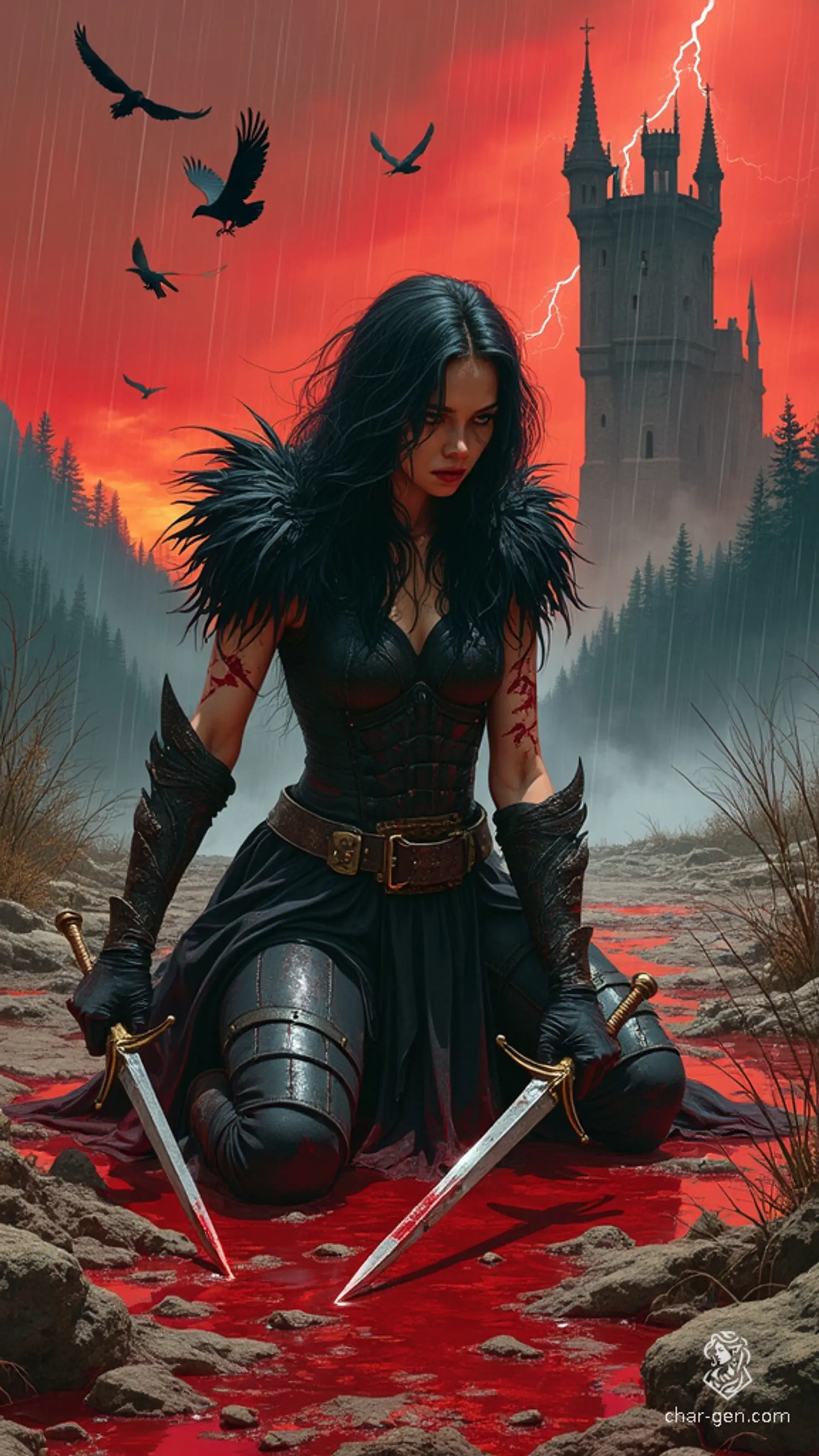 In a gritty 1970s dark fantasy style, a deadly female warrior clad in raven-feathered black armor kneels in a blood-soaked field, glaring at an approaching horde. Twin swords crossed, rain matted wild hair, and ravens circle ominously. A decaying castle looms under a blood-red sky.