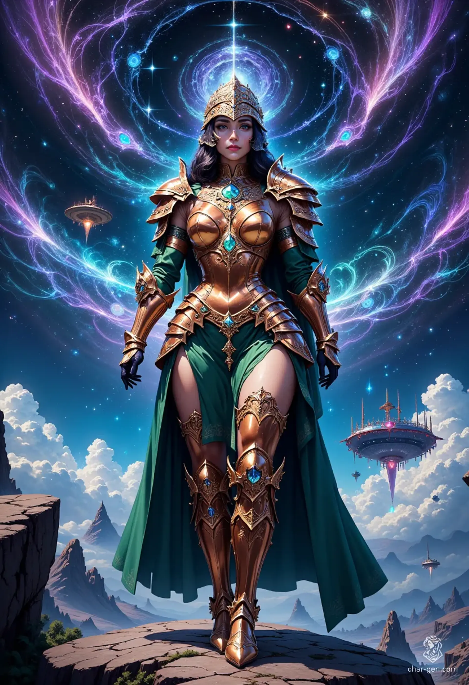 The Celestial Armor of Eternity is a legendary suit crafted from ammolite plates set in copper and brass, seamlessly integrating copper chain for flexibility. Its helmet features a transparent, greenish glasslike material for vision and breath. Enhanced with built-in oxygen tanks, this armor allows traversing the cosmos. The segmented plates of the gloves and boots offer both protection and dexterity. An enigmatic woman clad in this armor stands poised on an asteroid's edge, ready to explore the mystical depths of space.
