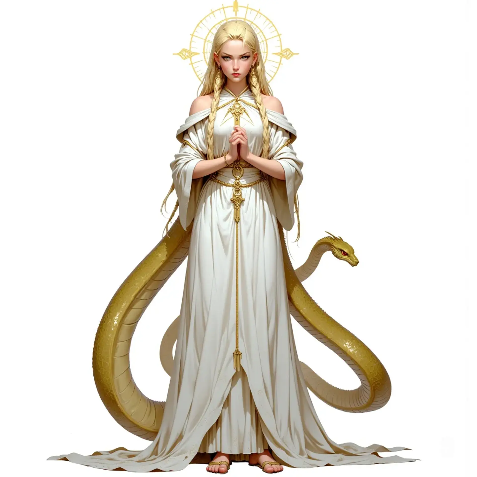 A serene yuan-ti cleric, this anthropomorphic serpent possesses a striking snake head and sinuous features. Bald and light-skinned, she radiates calmness as an acolyte, wielding a prominent holy symbol that reflects her unwavering devotion to the divine.