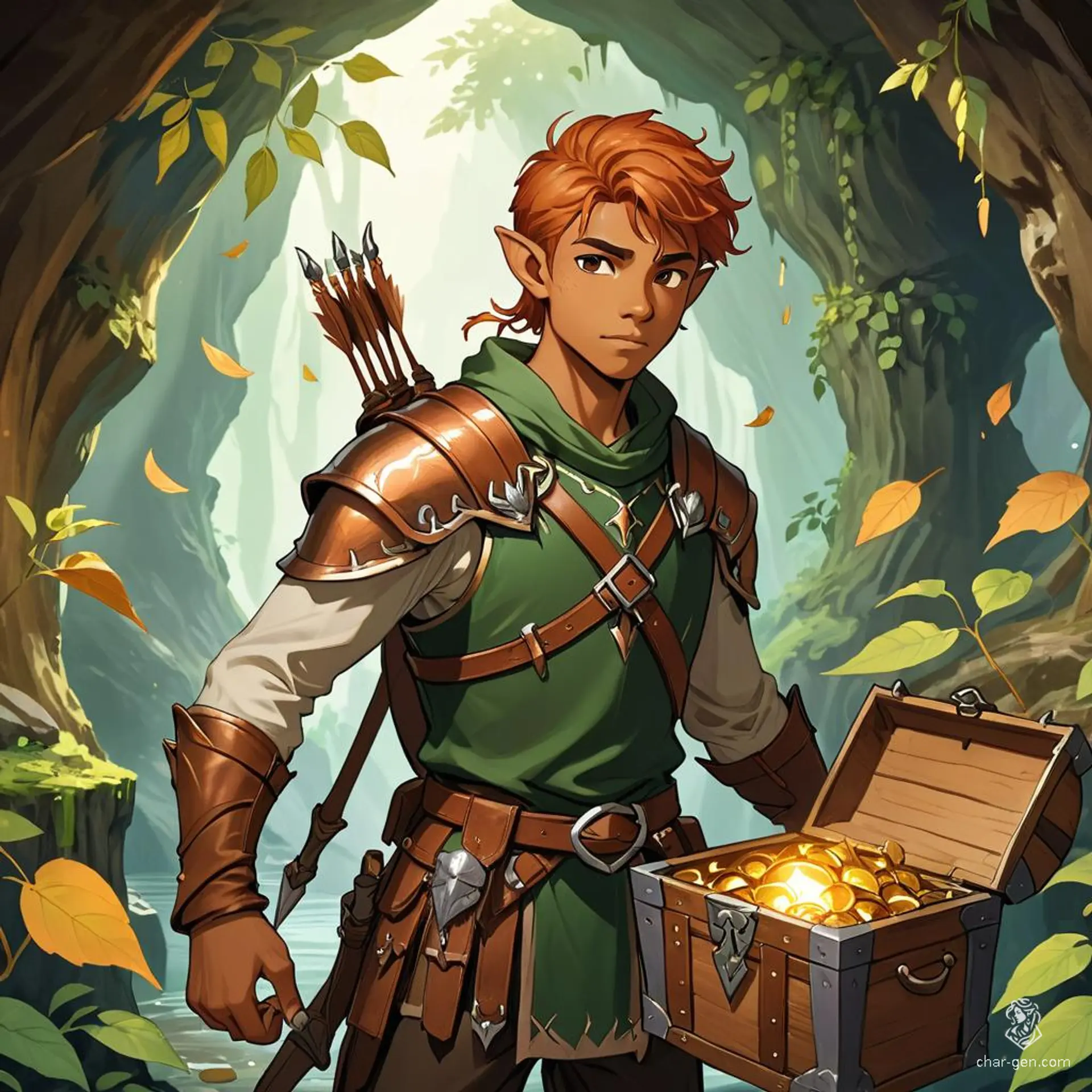 A young wood elf fighter, with flowing copper hair and light brown skin, stands in a cave donned in leather armor and leaves. His keen eyes light up as he opens a treasure chest, revealing hidden riches within.