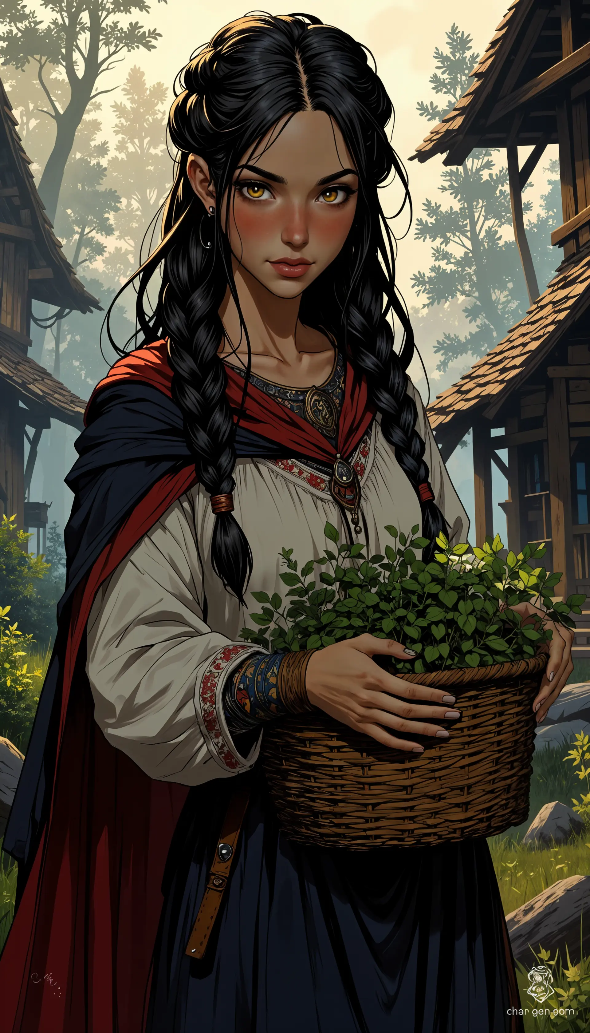 A serene yet resilient Slavic peasant woman, characterized by her braided chestnut hair and warm brown eyes. Adorned in a traditional linen shirt with vibrant embroidery, she carries a basket of wild herbs amidst a fog-laden village. Her presence embodies both simplicity and strength in a mystical, gothic setting.
