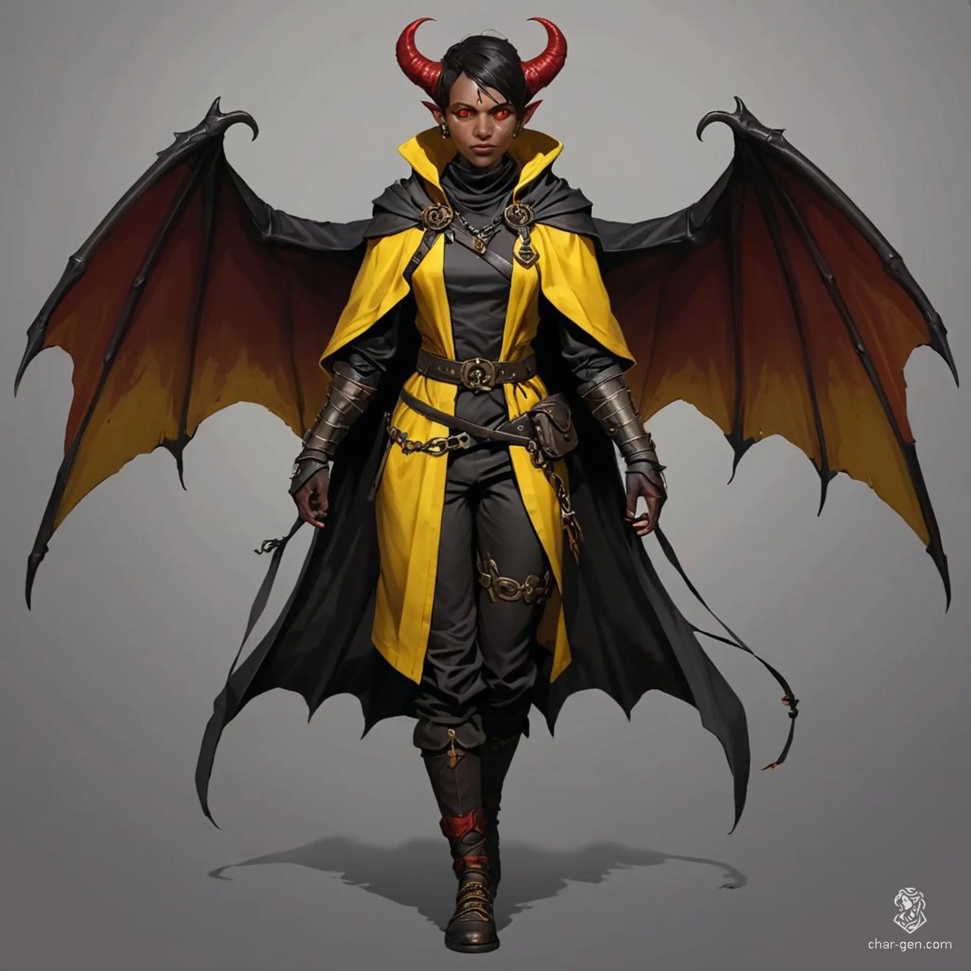 Meet a fierce teenage Tiefling cleric, her dark red skin adorned with short curved horns and bat-like wings. Her bright yellow eyes shine with determination as she dons a dark hooded robe over a chainlink vest, embodying strength and mystique in every stride.