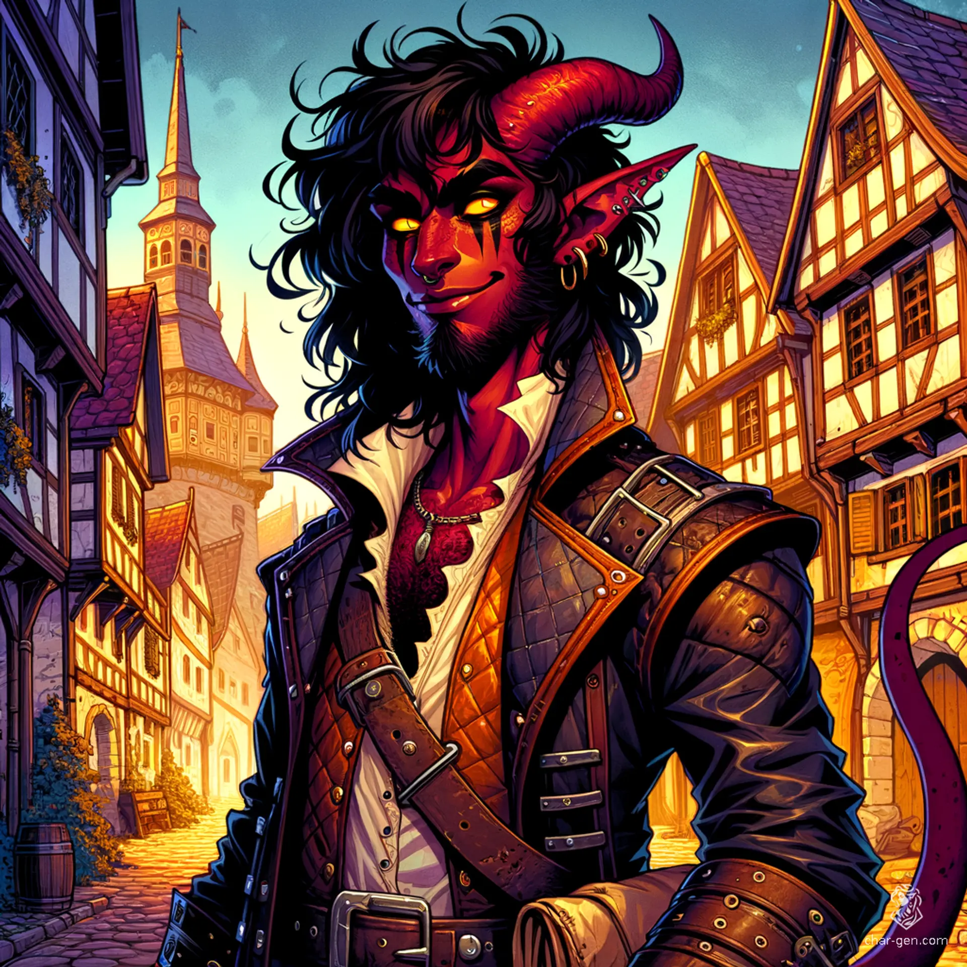 A stealthy, frizzy-haired male Tiefling with devil-like features and a long tail, this hardened outlaw operates as a rogue bandit. Sporting tattered leather armor and a pouch of stolen coins, he embodies a light-footed and stealthy menace in the shadows.