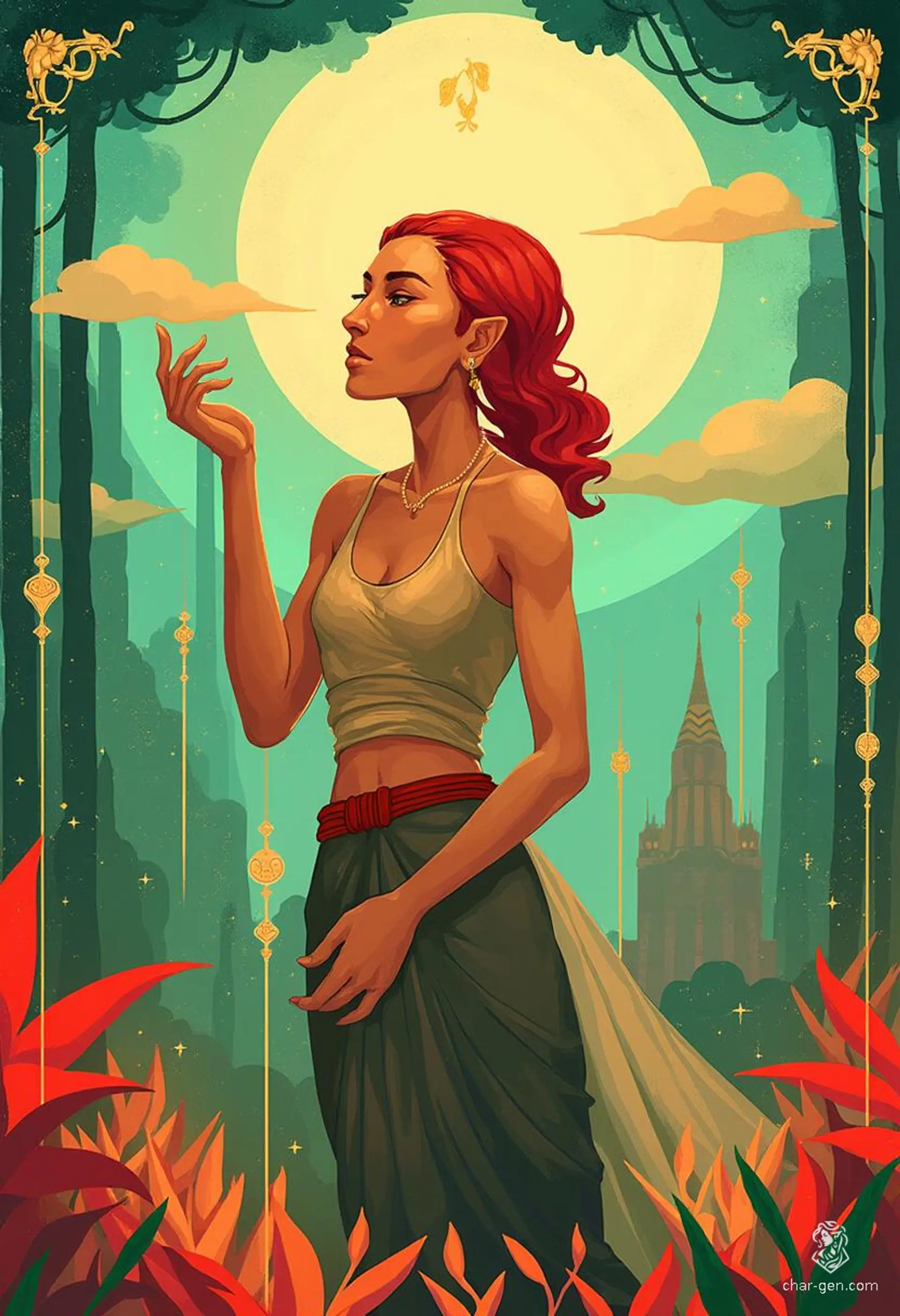 Keyleth, a socially awkward half-elven druid of the Ashari tribe, wields profound wisdom despite her petite stature. With bold cherry-red hair and earthy animal companions, she masters air manipulation and beast shaping, embarking on a journey to prove her leadership among Tal’Dorei's elemental realms.