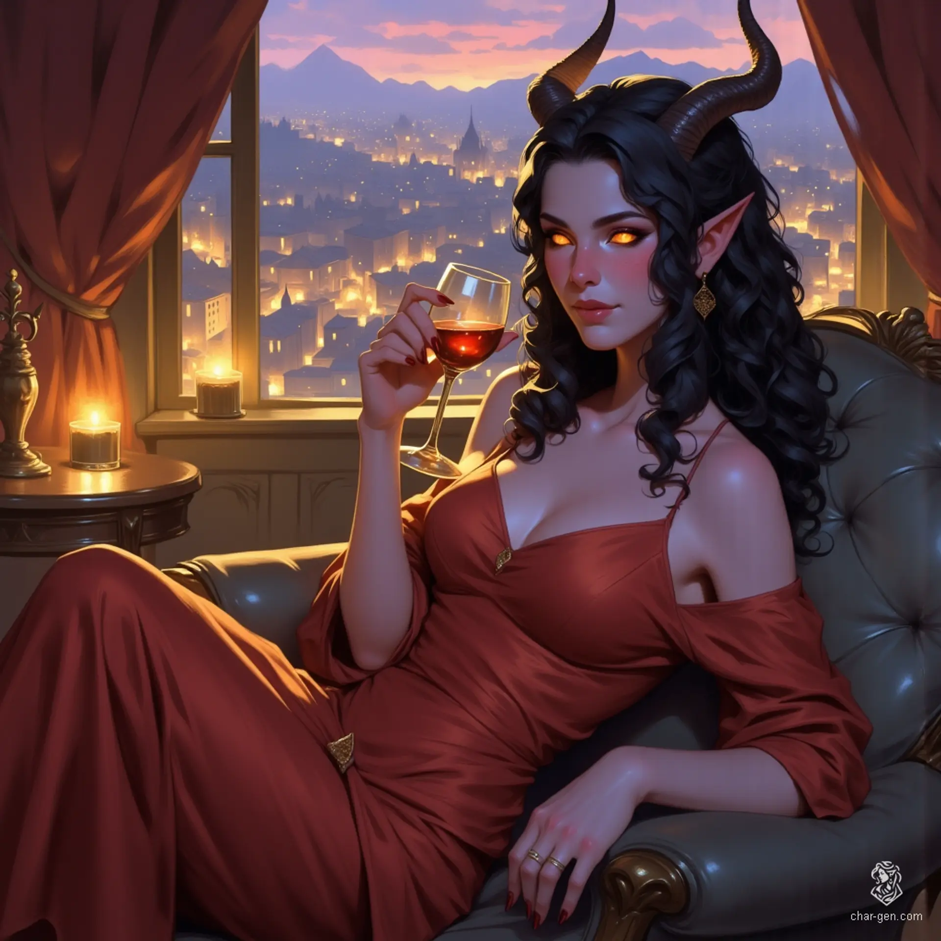 A captivating tiefling noblewoman reclines on a velvet chaise, her raven-black hair cascading over sharp horns. Clad in a revealing crimson gown, she sips wine from a golden goblet, her glowing red eyes sparkling with mischief as she surveys the illuminated cityscape outside her opulent estate.