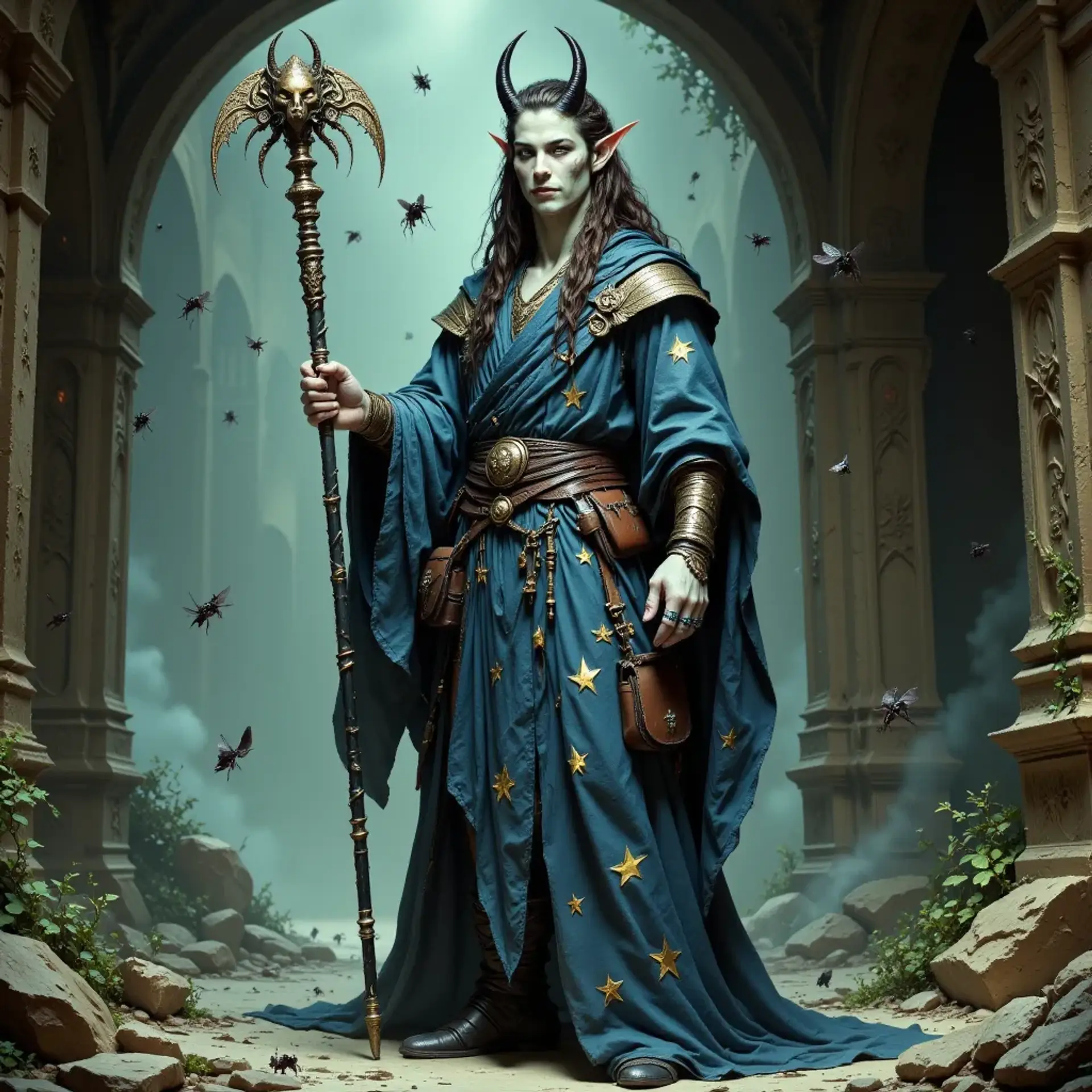 A striking male tiefling stands in the dim light of a dungeon, his medium demonic horns and fair skin contrasting vividly against a navy robe adorned with yellow stars. With piercing white eyes and flowing light brown hair, he wields a staff crowned with a metal scarab, surrounded by ethereal, swirling insects. Each hand glistens with intricate rings, while leather pouches hang from his hips, hinting at secrets untold.