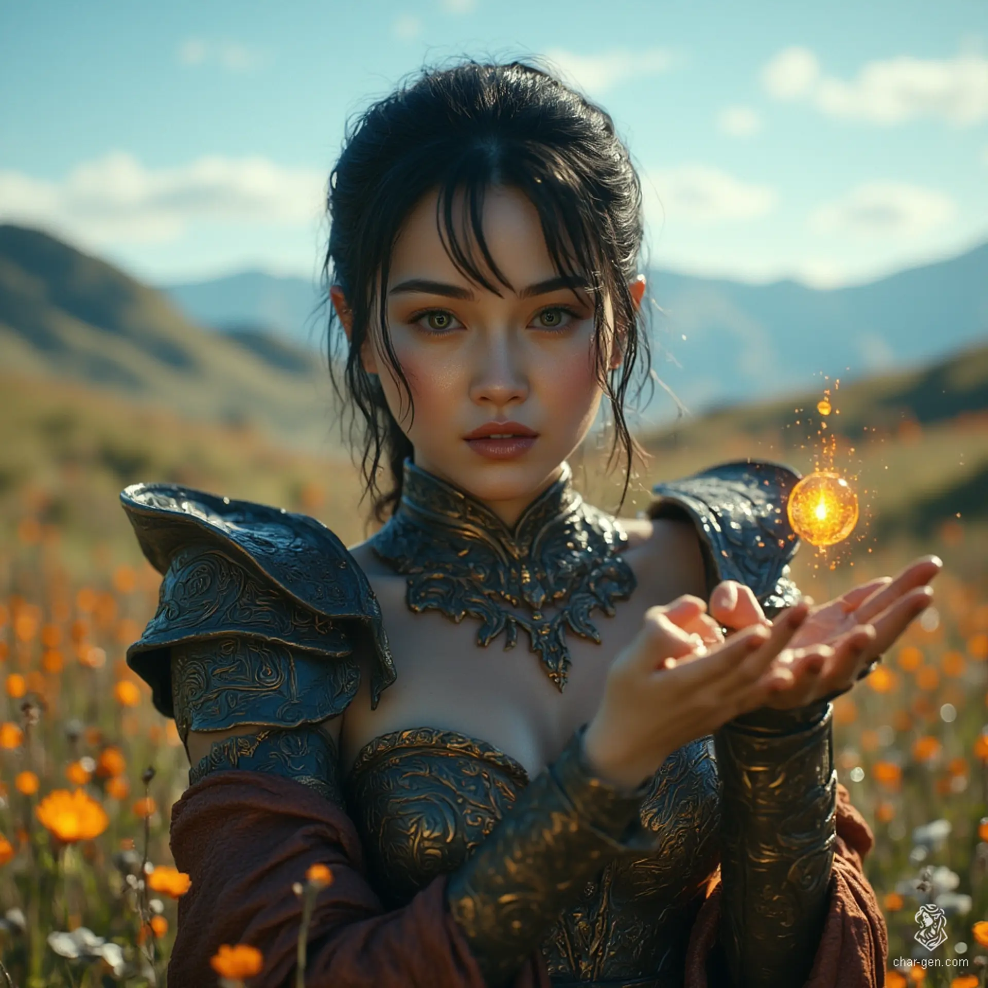 Jouli, a stunning middle-aged investigator mage of East Asian descent, shimmers in sunlight, her fair skin glowing as she casts a defensive spell. Clad in intricately embossed leather armor, her pixie-cut hair accentuates her striking features. A librarian among ancient texts, she seeks knowledge and truth.