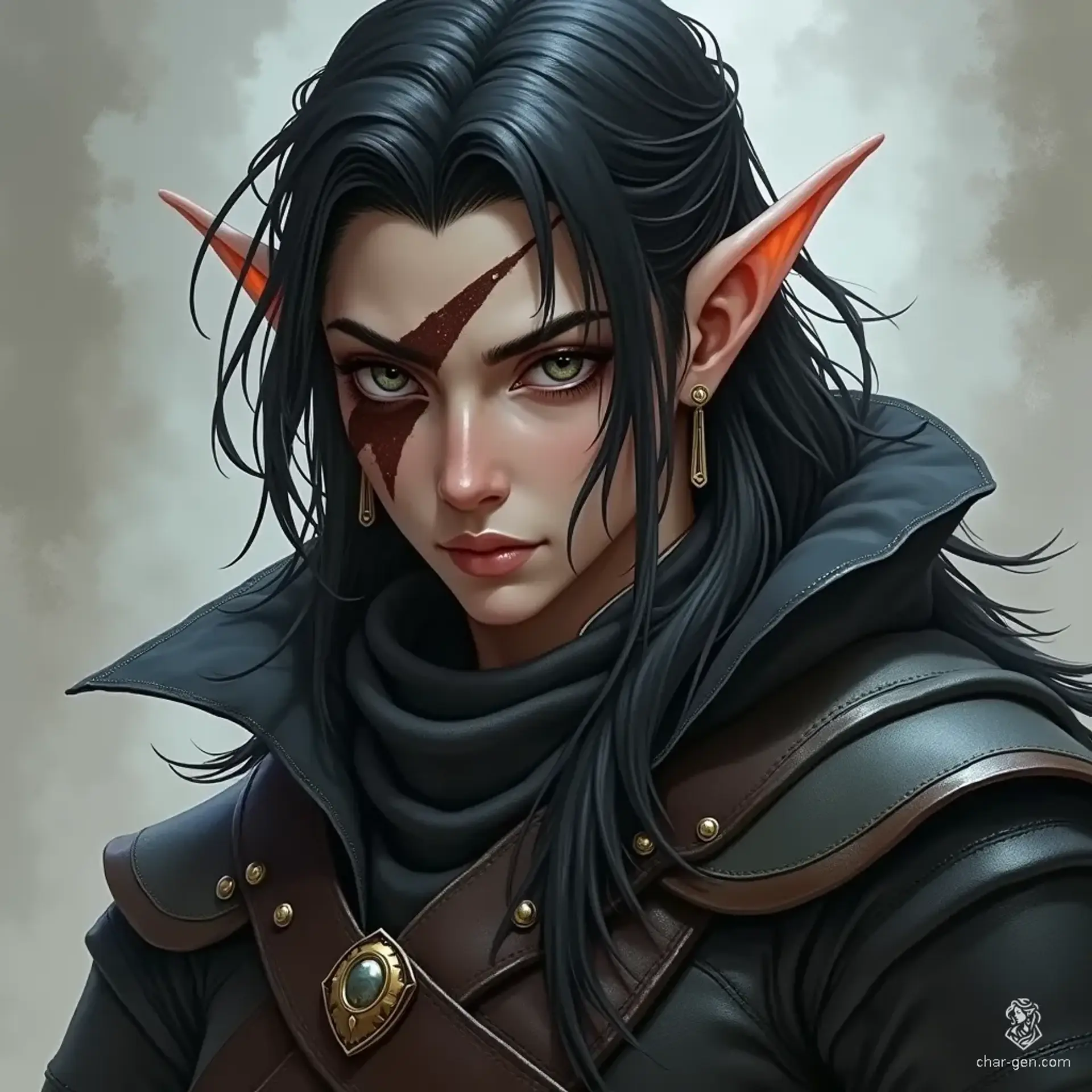A skilled elf thief with athletic muscles and an air of mystery, he sports striking black hair accented by white strands. A scar runs across one eye, hinting at a tumultuous past. Dressed in luxurious leather garments from a noble lineage, he balances elegance and danger.