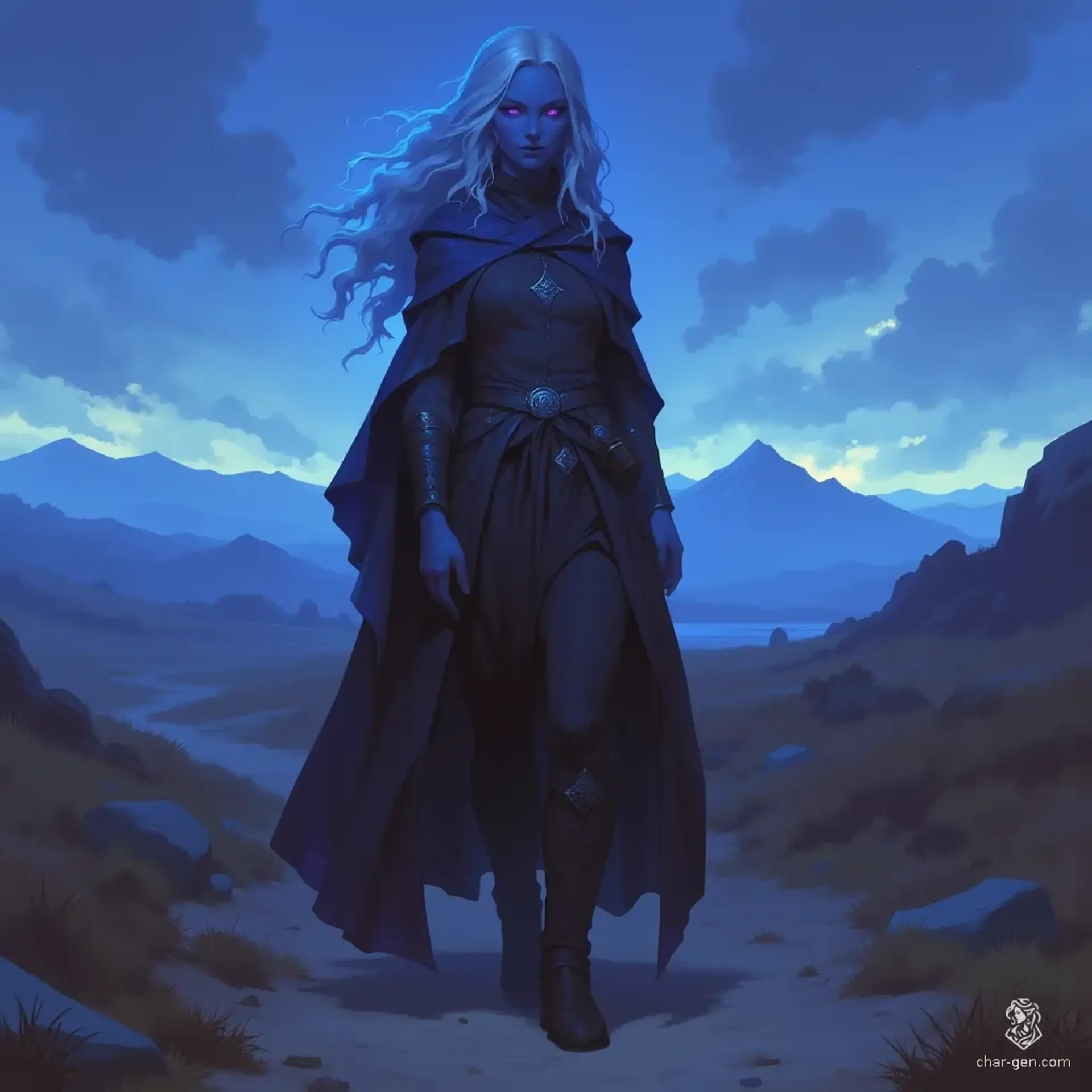 A Drow sorceress of wild magic, she emerges from the shadows of the Underdark. Her dark blue-grey skin glistens beneath a silvery mane, while glowing purple eyes scan the barren twilight plain. Clad in a tailored black robe, she stands poised for battle, ready to unleash her unpredictable powers.