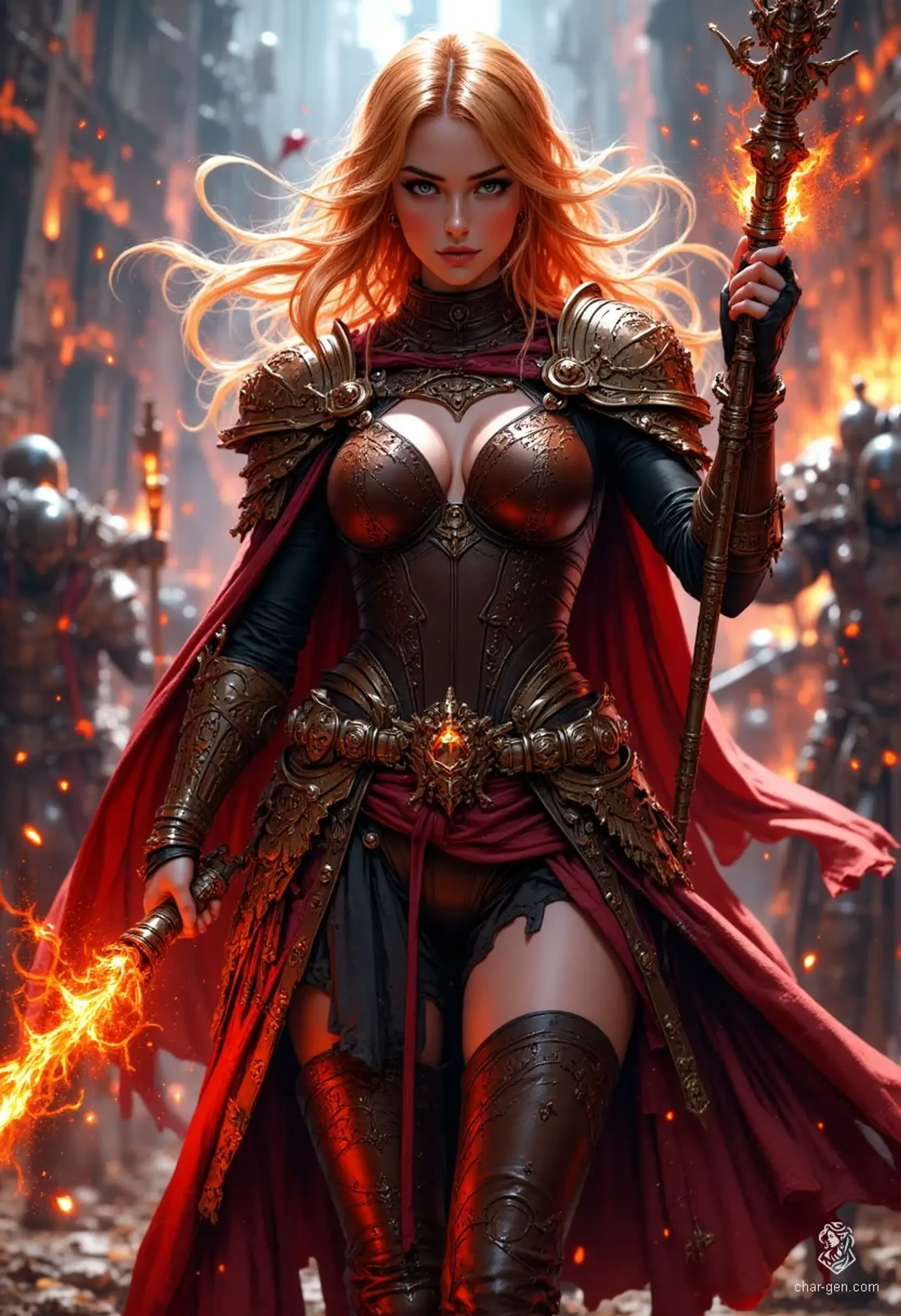 Aleira Emberstorm is a powerful young fire wizard, clad in enchanted leather armor etched with glowing runes and fire symbols. Her flowing orange hair frames a determined, serene face as she wields a magical staff pulsing with red energy, embodying fierce arcane mastery and fiery devotion.