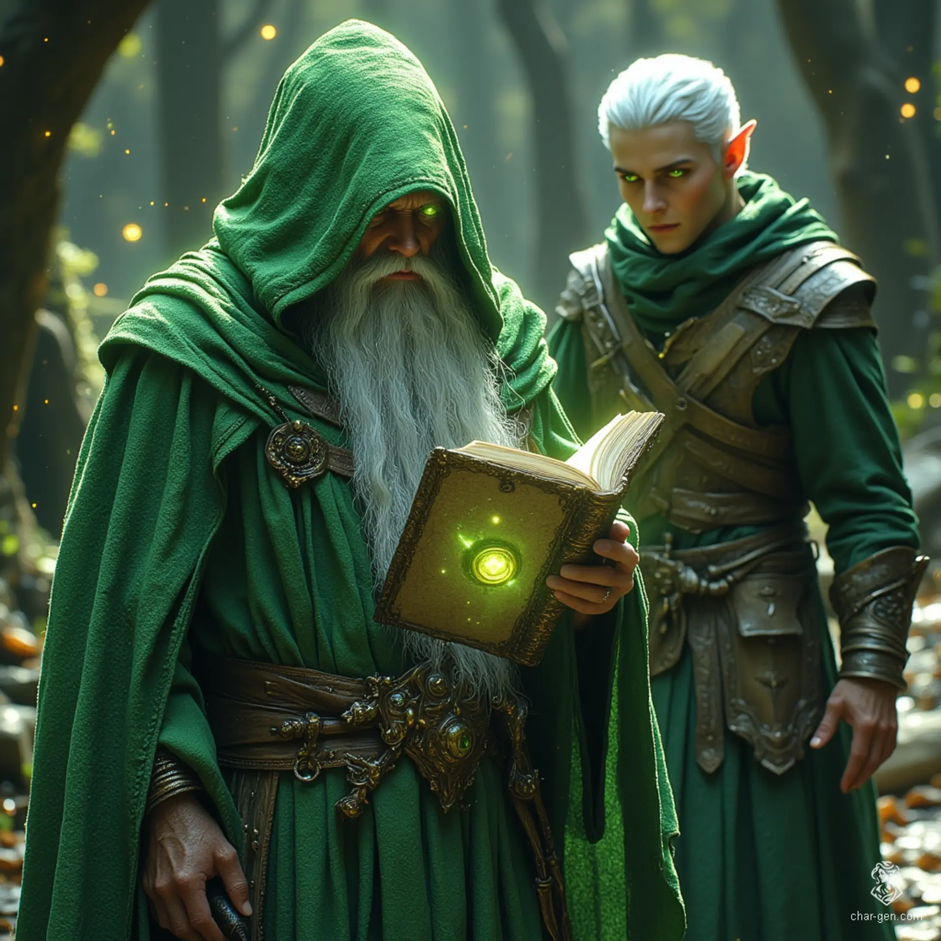 The green-robed wizard clutches a mysterious, closed tome, its secrets untold. Behind him strides a sharp-eyed elf ranger, adorned in sleek leather armor. With his short white hair and eye patch, he exudes an air of confidence and hidden tales, ready for adventure.