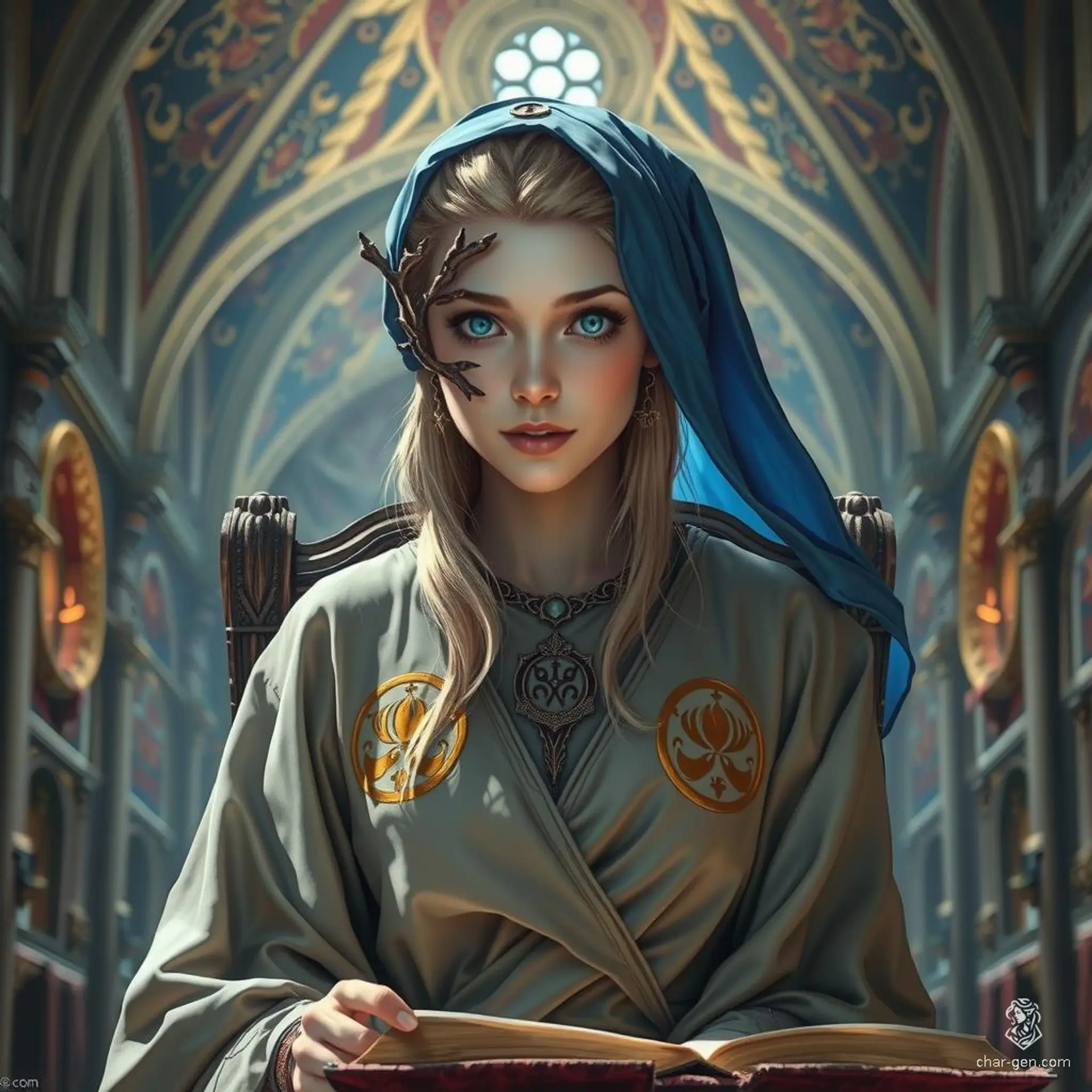 Rowena Krollnar is a 40-year-old statuesque noblewoman and wizard, standing over six feet tall with bright blue eyes, blonde hair, and fair skin. She bears a large branch-shaped scar on her right face and forehead. She favors long flowing robes and a blue veil, often seen with a magical tome.