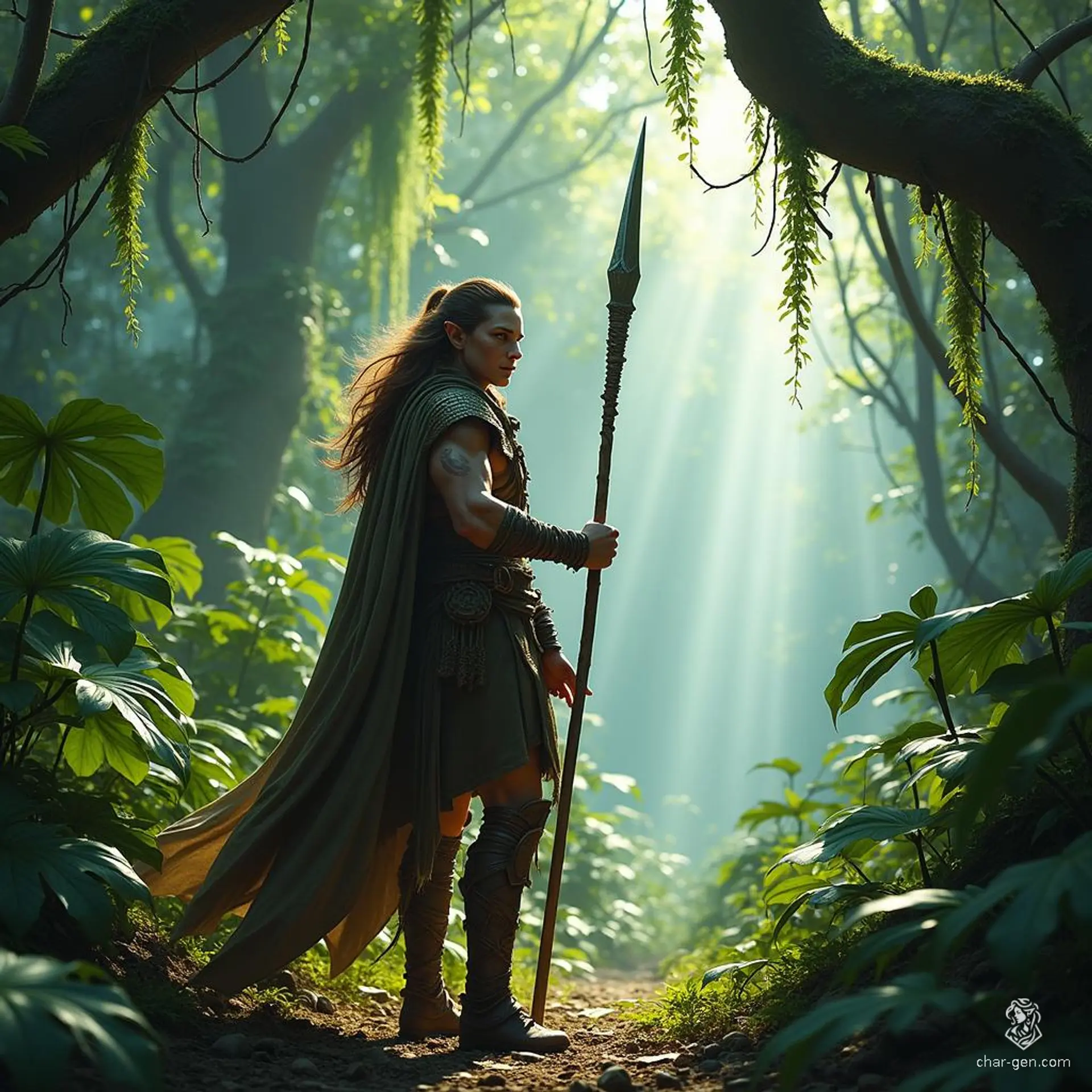 A Spiritborn Druid and agile warrior, this 25-year-old Wood Elf wields a glaive with grace. Adorned in intricate hides, he summons powerful spirit guardians from the jungle—eagles, jaguars, and gorillas—channeling their strength and wisdom in both combat and nature’s defense.