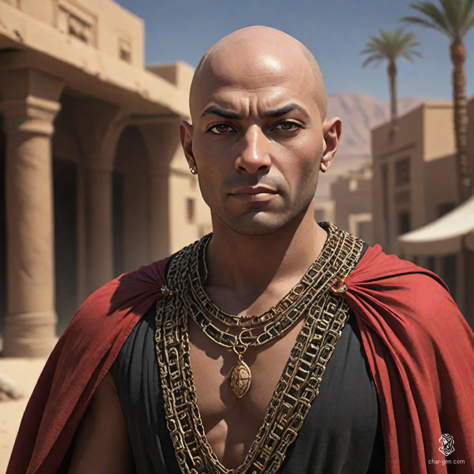 In a sun-scorched desert town, a bald Egyptian warrior commands attention. Clad in a shimmering mithril chain shirt and a flowing black and red cape, he navigates the shadows like a specter. This enigmatic figure is a blend of strength and mystery, reminiscent of a 70's dark animation.