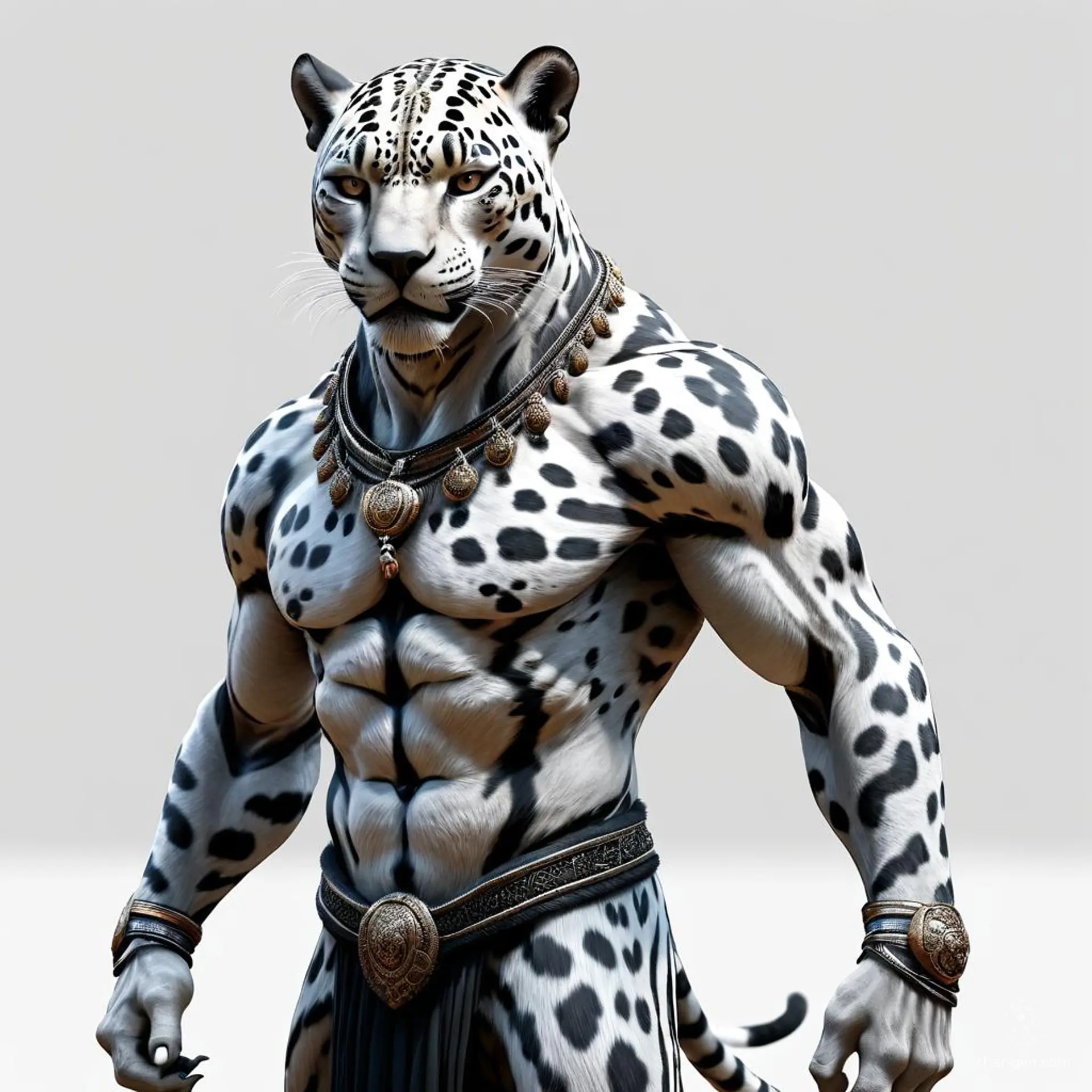 A towering 7-foot tall male jaguar-like humanoid with grey fur and black stripes. This serene monk exudes strength and grace, his calm expression and fluid posture reflecting a disciplined, muscular build from relentless training and spiritual harmony.