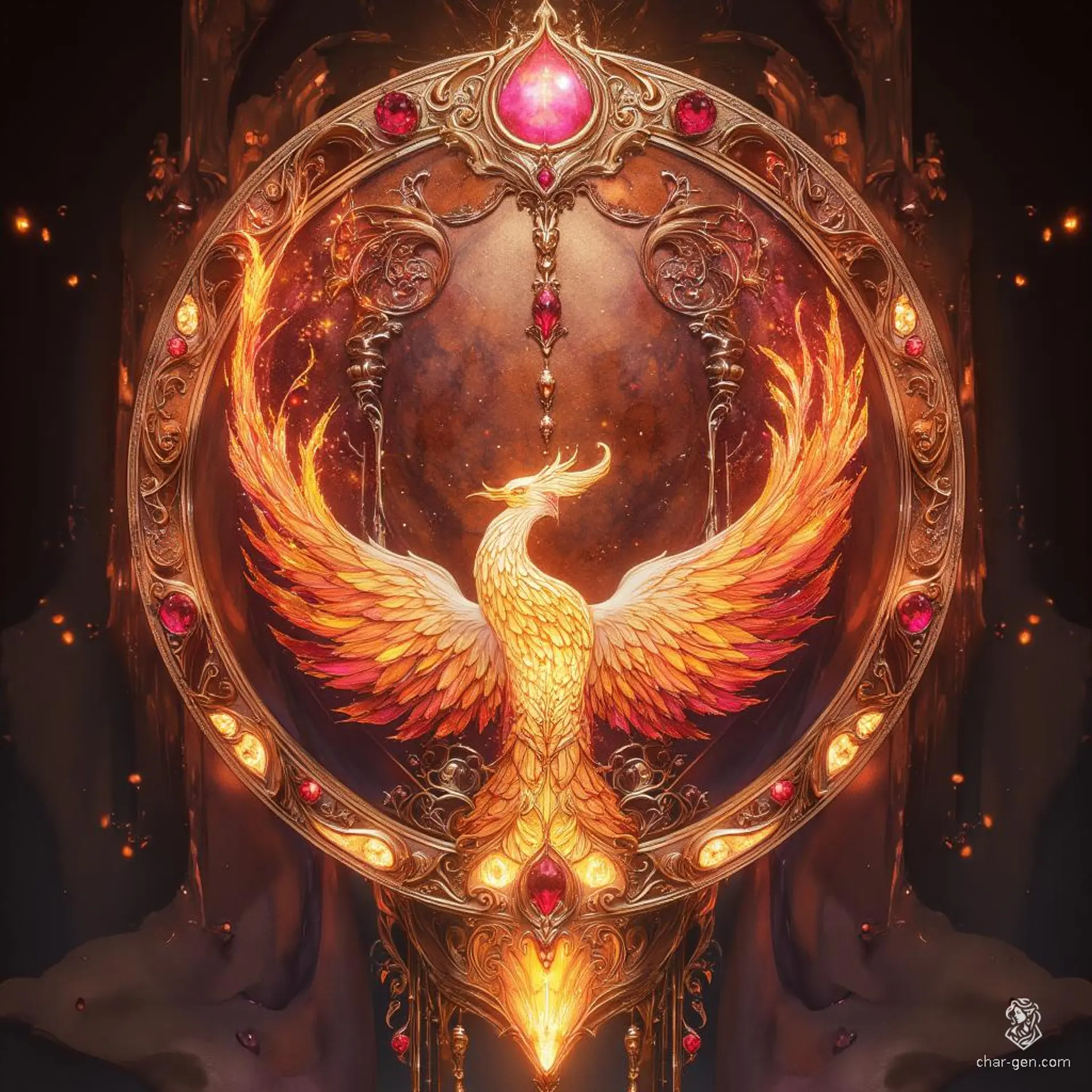 The Phoenix Feather Crown is a legendary circlet of enchanting beauty, crafted from shimmering gold and adorned with radiant feathers of vibrant orange, red, and golden yellow. Embellished with ruby gemstones, it ignites a warm glow, symbolizing rebirth and the indomitable spirit of the phoenix, bestowing immense power upon its wearer.