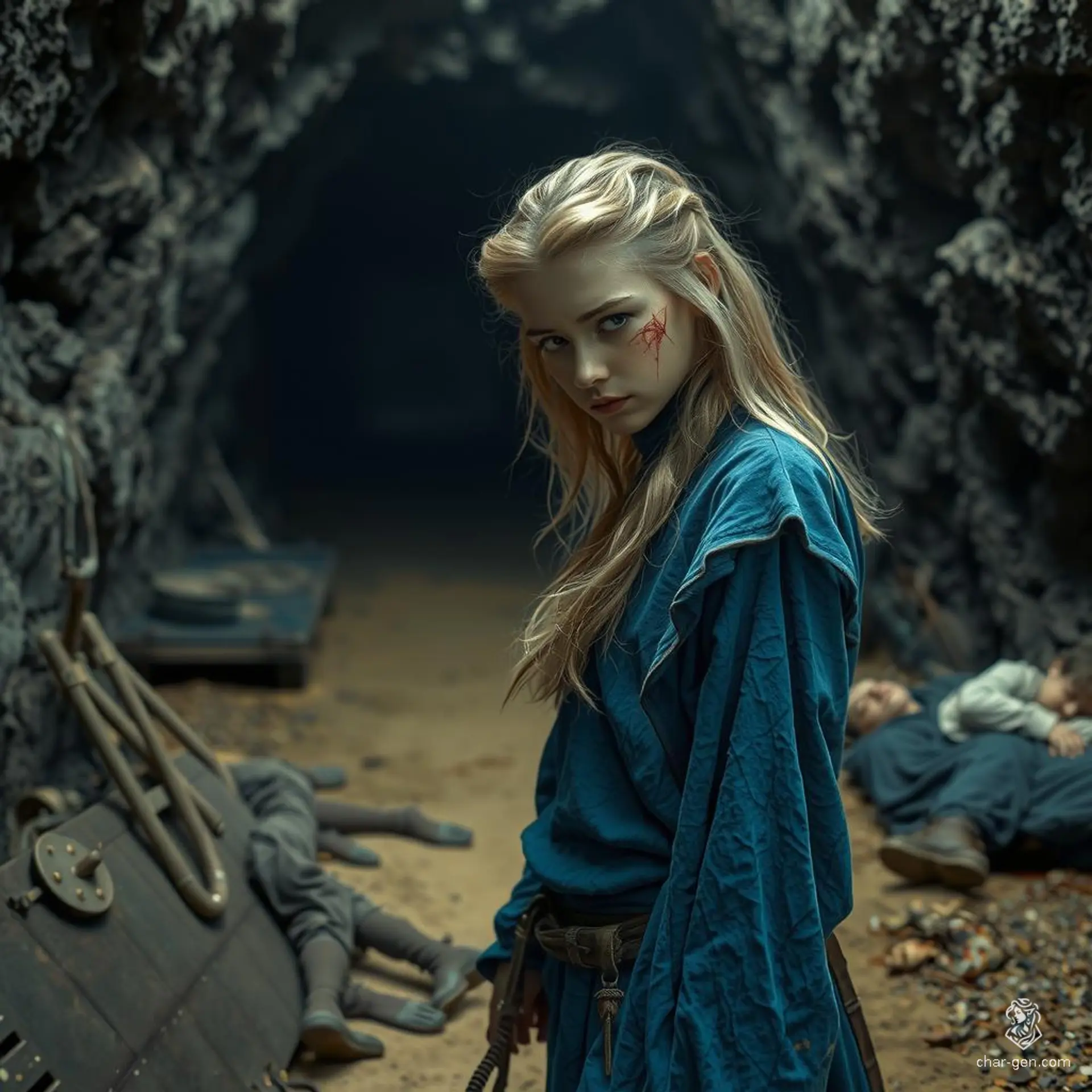 A forlorn 18-year-old blonde girl in damaged blue robes, bearing a branched scar across her cheek and forehead, trudges through a castle filled with people asleep on the floor, stained with red juice.