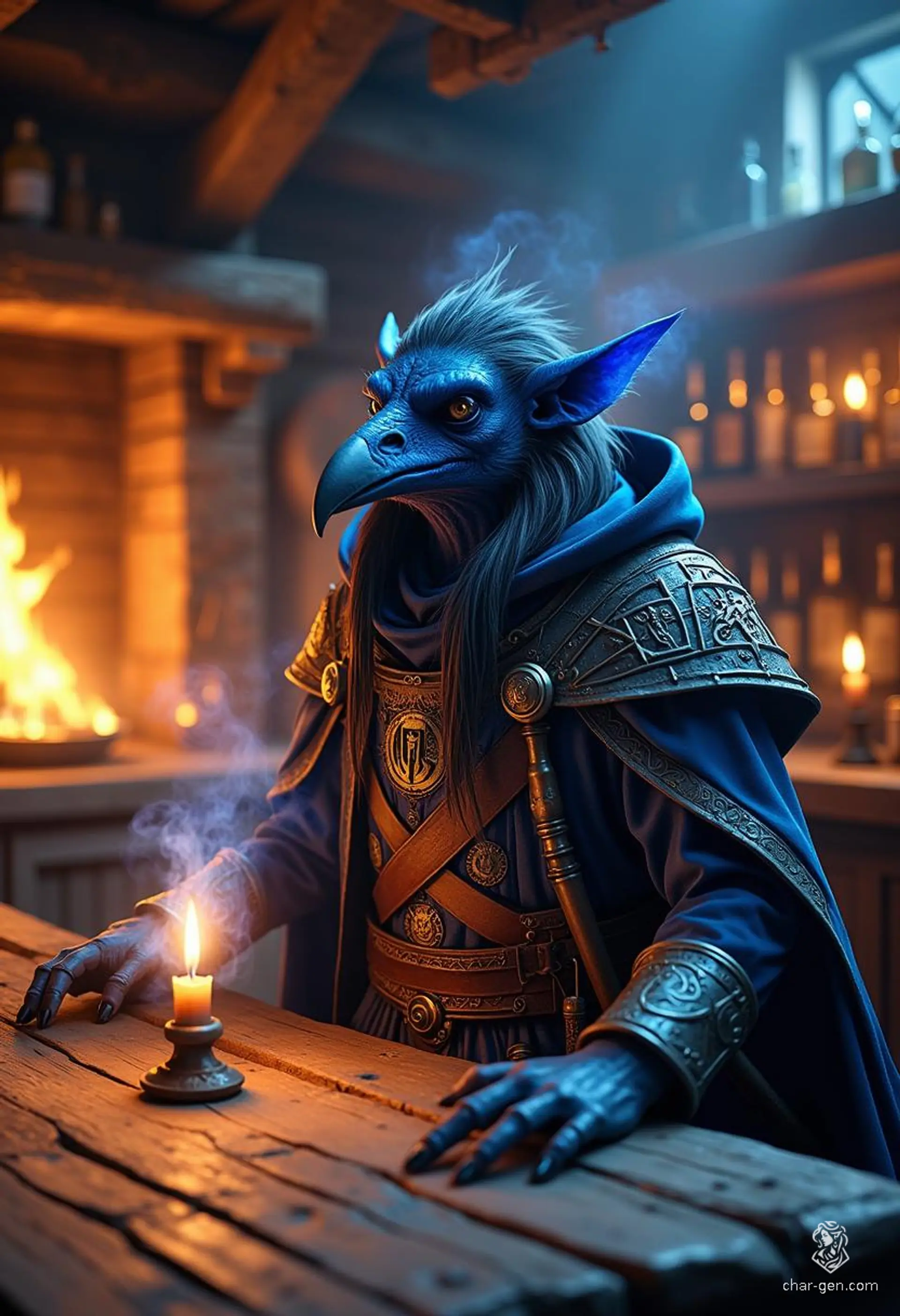 Krackle Brightbeak is a charming, short, avian sorcerer with a distinctive blue skin and raven-like features. Standing at just 3'9", he wields a quarterstaff, adorned in a magical, illusion-shifting cloak, embodying both stealth and unpredictable magic. A skilled spy, he's as hardy as he is intelligent.
