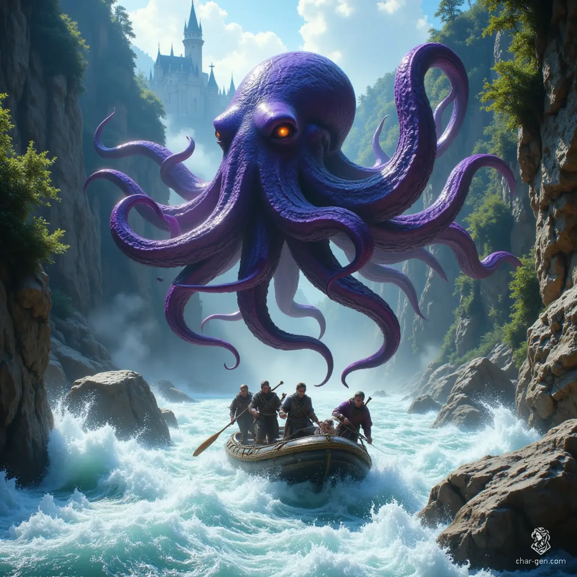 In a breathtaking 35mm hyper-realistic scene, a gigantic purple octopus monster attacks four adventurers on a raft in turbulent white water rapids. Its tentacles, adorned with distinct purple skin texture, and a menacing beak-like mouth create a vibrant yet terrifying contrast against the rushing river in the ravine.