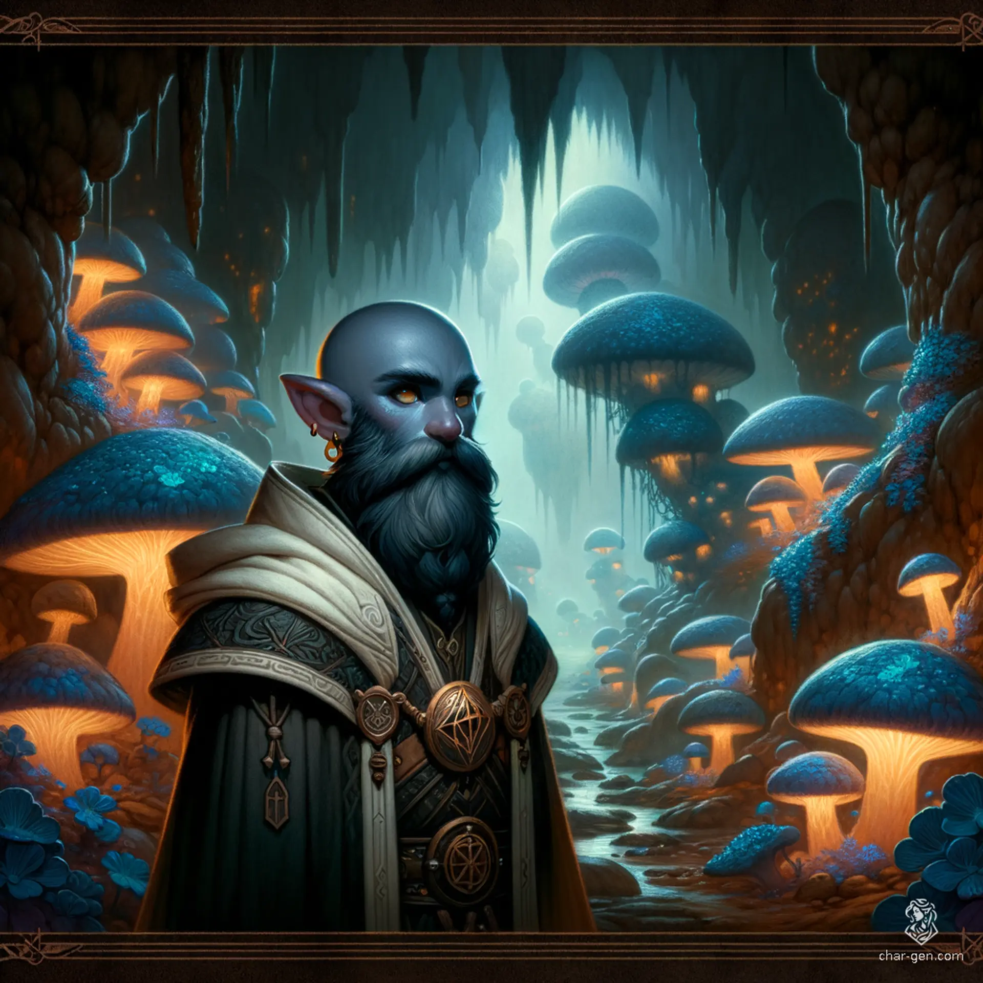 A serene, grey-skinned male deep gnome cleric with a prominent holy symbol. Standing 1.5 feet tall, he has a smooth, hairless head and beardless chin, exuding calm and wisdom.