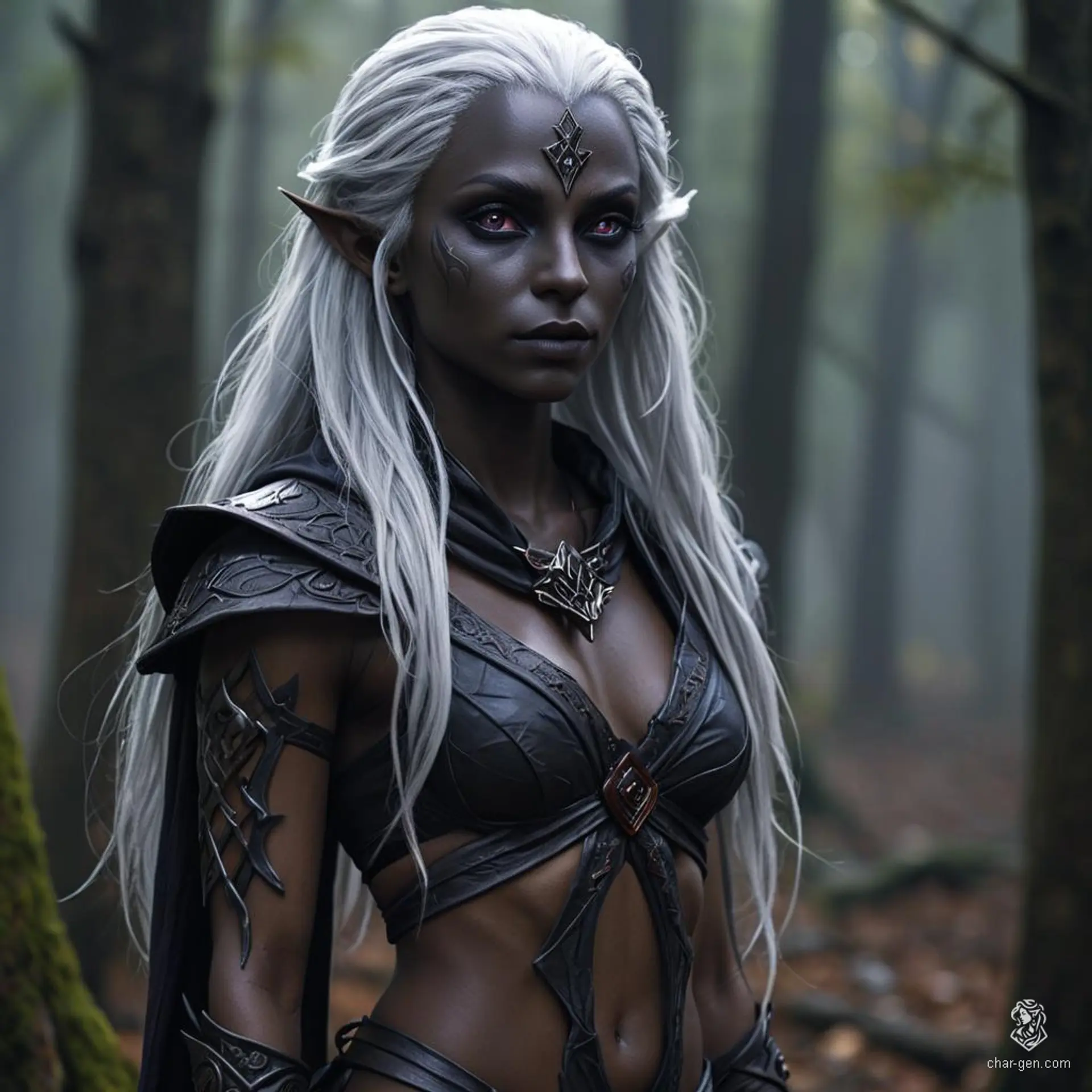 A serene, toned female dark elf monk with distinct tan skin and flowing, bright white hair. Her calm expression and fluid posture exude tranquility. Purple eyes and contrasting white hair enhance her ethereal presence.