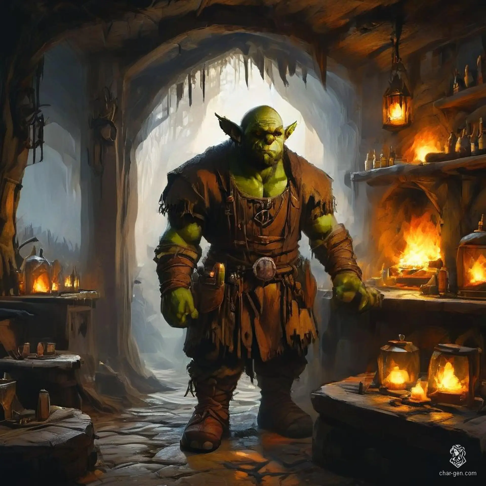 The diligent orc innkeeper, boasting moderate build and prominent tusks, masterfully manages his lively tavern. Clad in a bartender's apron, he seamlessly juggles patrons' needs, rooms, and meals, embodying the heart and soul of the bustling establishment.