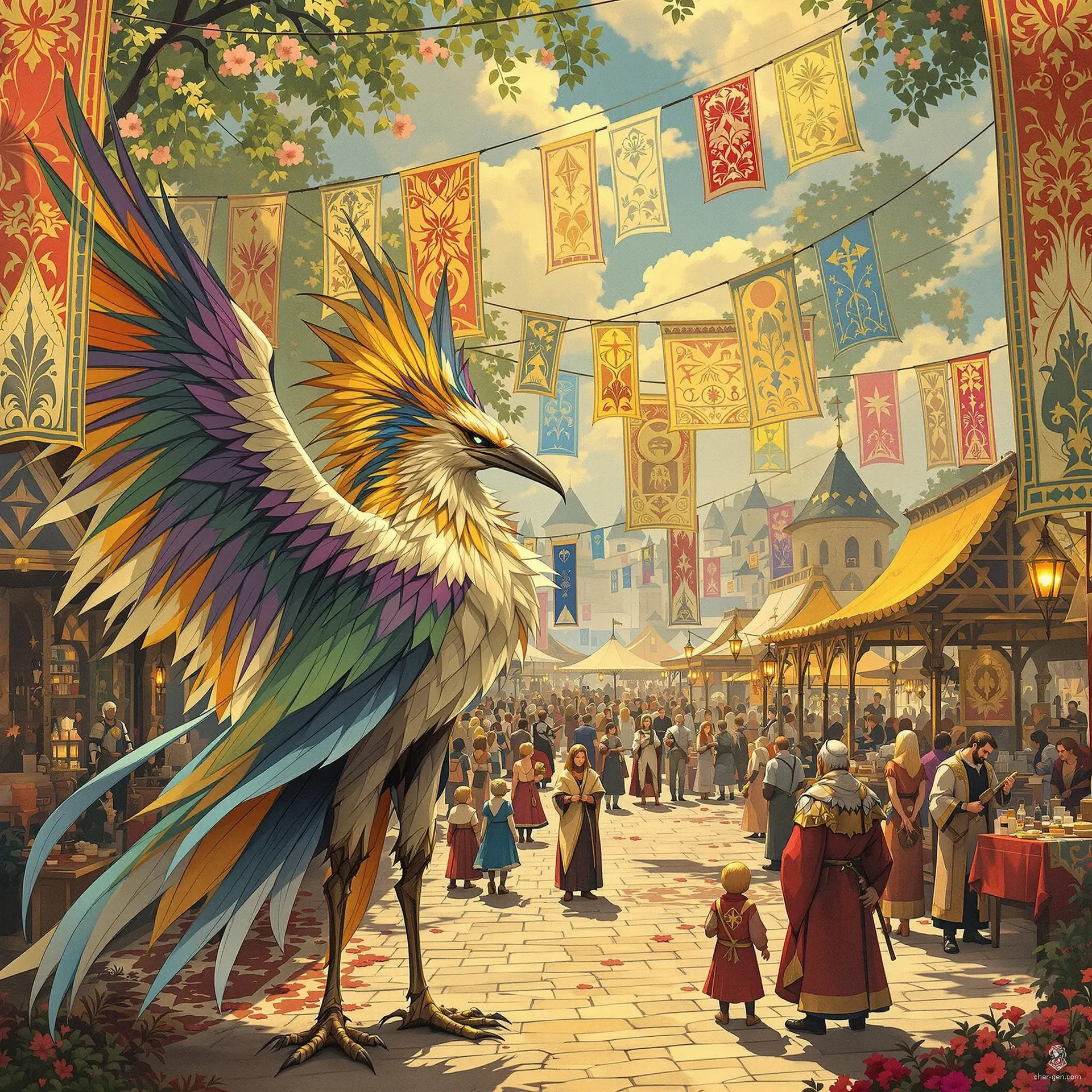 Amidst the bustling medieval village festival, the aarakocra cleric stands serene, adorned with a prominent holy symbol. Their intricate feathers shimmer in the torchlight as they offer blessings, while joyful minstrels play nearby. With taloned hands raised in prayer, this winged guardian inspires unity among the revelers.