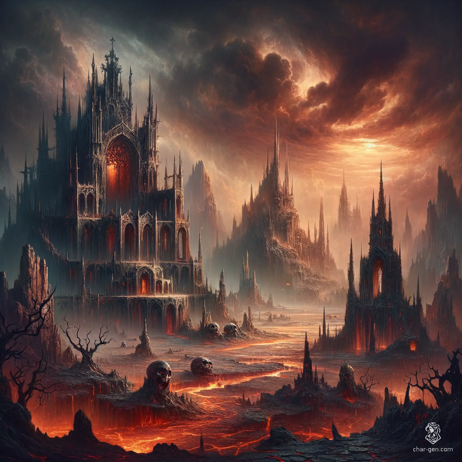 An apocalyptic hellscape unfolds, shrouded in a dark, muted palette. Gothic ruins rise amidst a sea of shadows and eerie mist, detailed with intricate patterns and textured backgrounds. Dramatic lighting casts deep contrasts, illuminating the twisted remnants of a world lost to despair with ghostly precision.