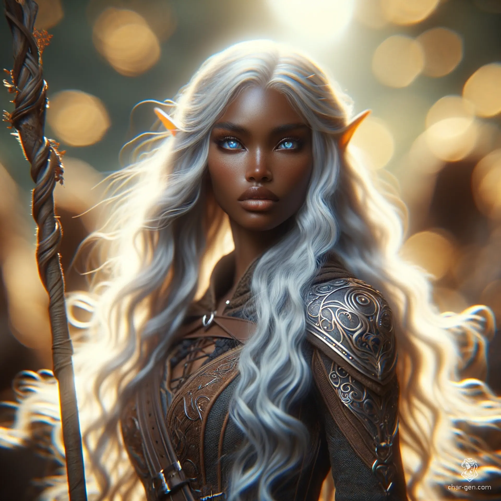 A formidable female elf ranger, her African skin contrasts strikingly with her long, flowing white hair and piercing blue eyes. Clad in expert ranger gear, she stands full-bodied, her posture confident and graceful, a staff firmly gripped in her hands, ready for whatever comes her way.