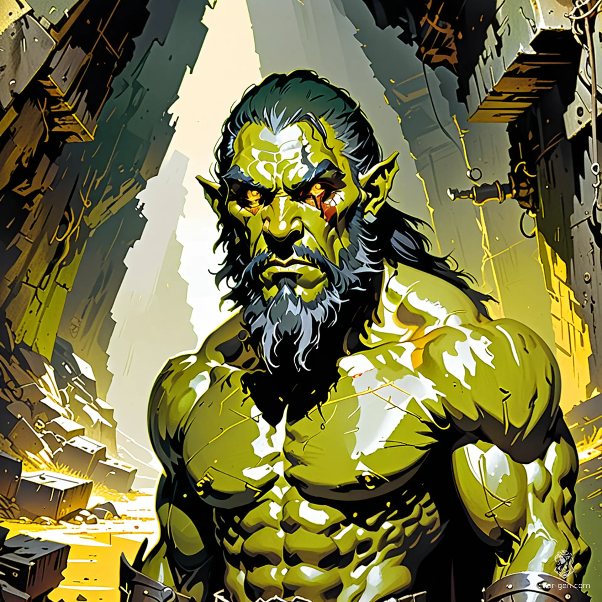 Arturo Gatti, a rugged half-orc barbarian, stands 6'0" with olive green skin and greying black hair. A criminal spy with fading gold eyes, he wields a pike with strength but struggles with intelligence. Driven by a quest for retribution, his vulnerability to city vices haunts him.