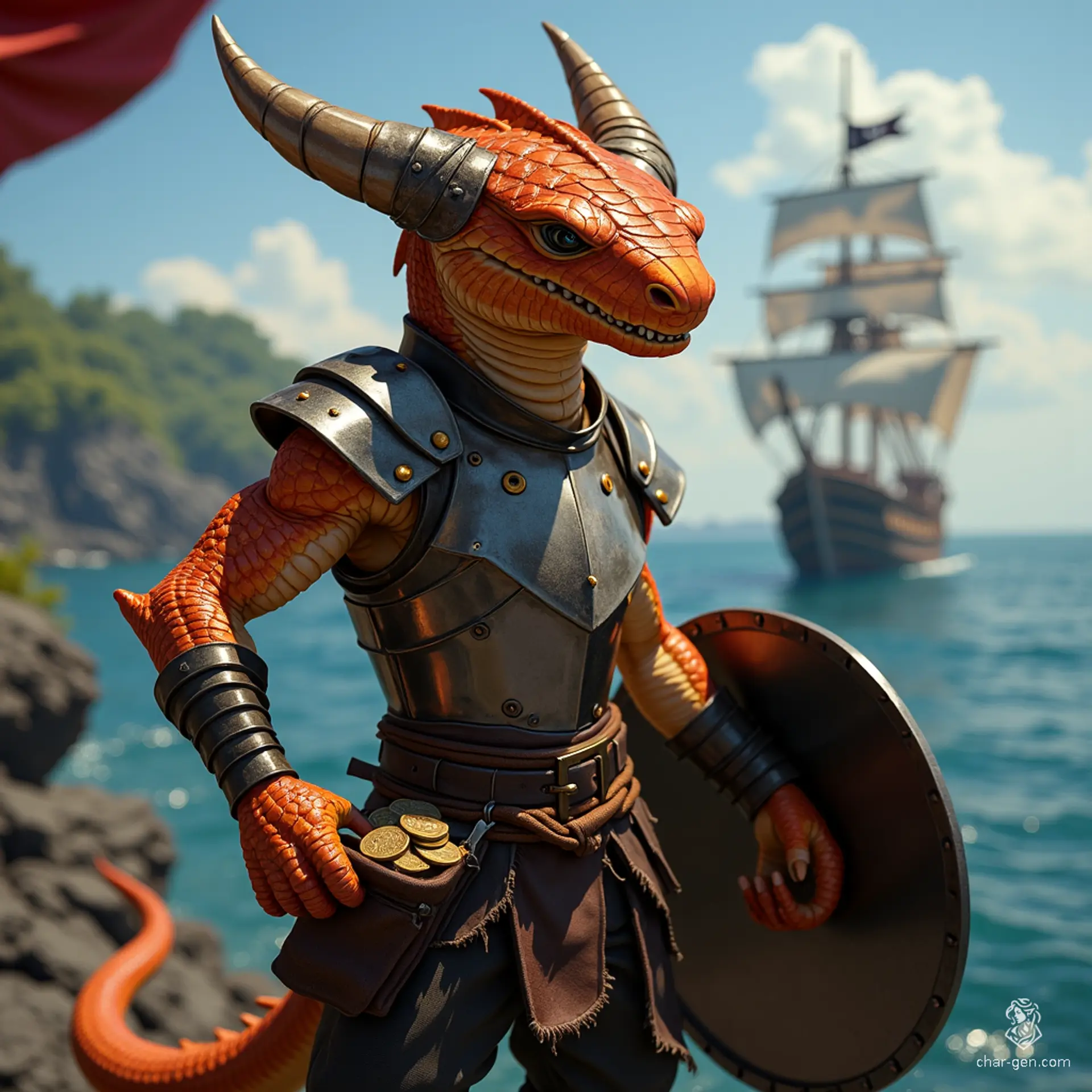 Luna is a half-kobold, half-goloma fighter, exuding confidence with muscular build and shiny copper-black scales. In a dynamic pose, they raise a steel shield defensively, jaws bared in a fierce snarl, revealing dragon-like fangs. Eight spider-like eyes glint with determination, ready to face any challenge.