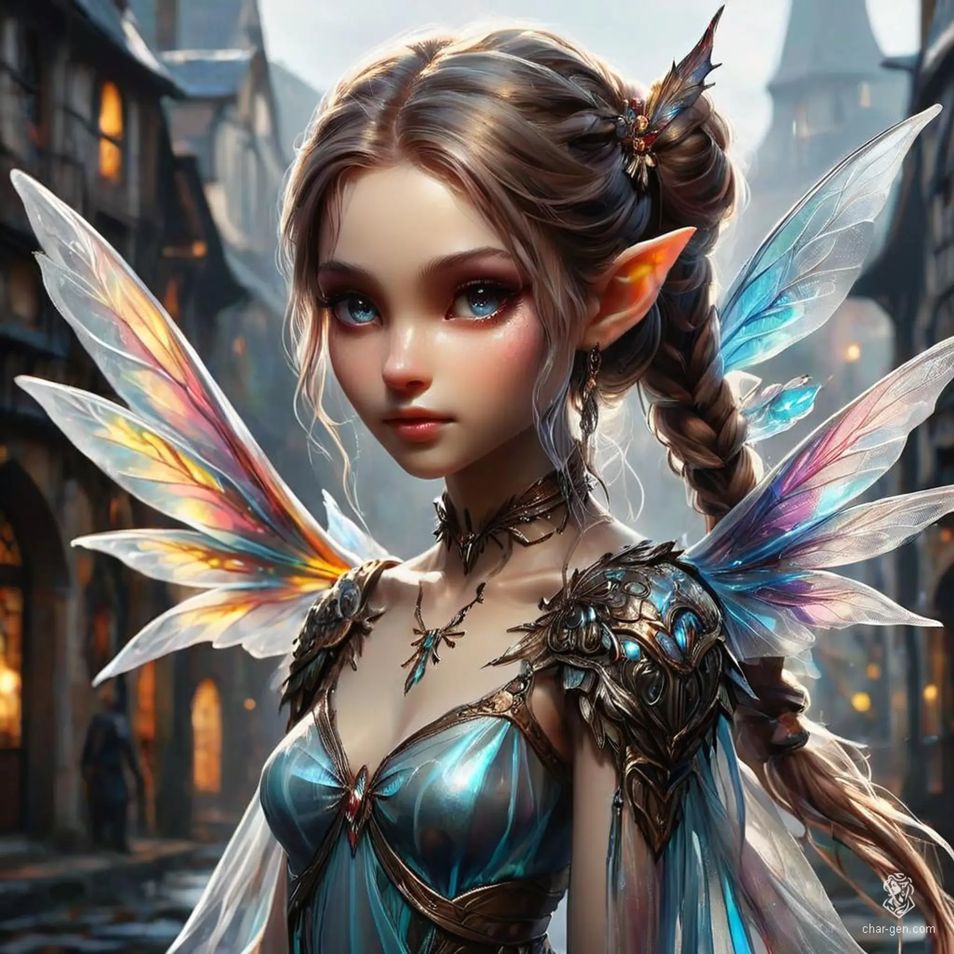 A small, ethereal fairy with translucent wings and elfin features, this female druid commands nature's magic, leading with earthy elements and animal companions. Her slender figure and ponytailed hair enhance her mystical, fairy-like presence in a D&D fantasy world.