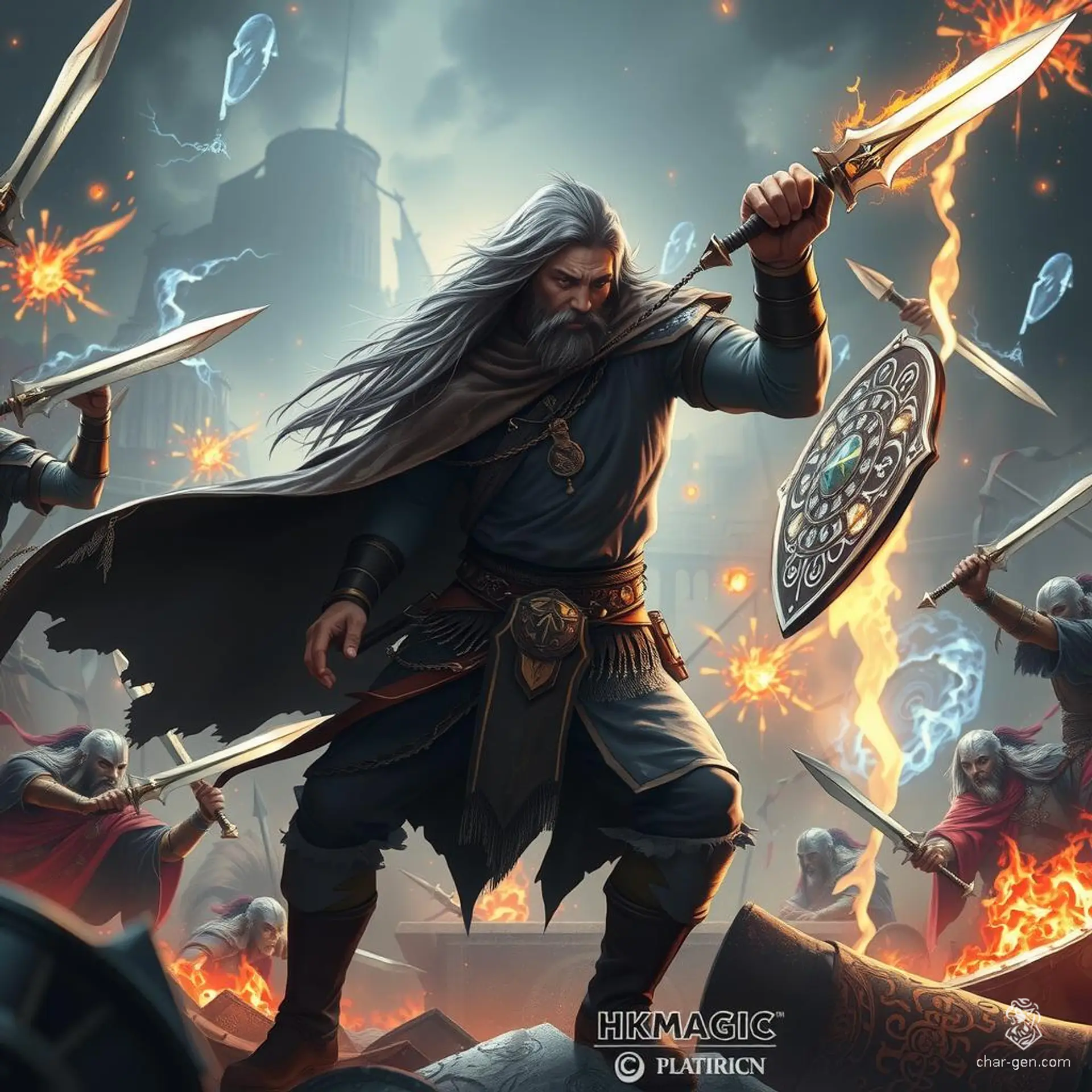 Valakhad, a tall, slim male Kalashtar, wields both a magical tome and staff. Orphaned young, he became a skilled soldier in Baldur's Gate. Intelligent and wise, with enchanted garments and a dagger in his strong grip, he discovered his magical potential thanks to his friendship with an elf mage, Qibella.