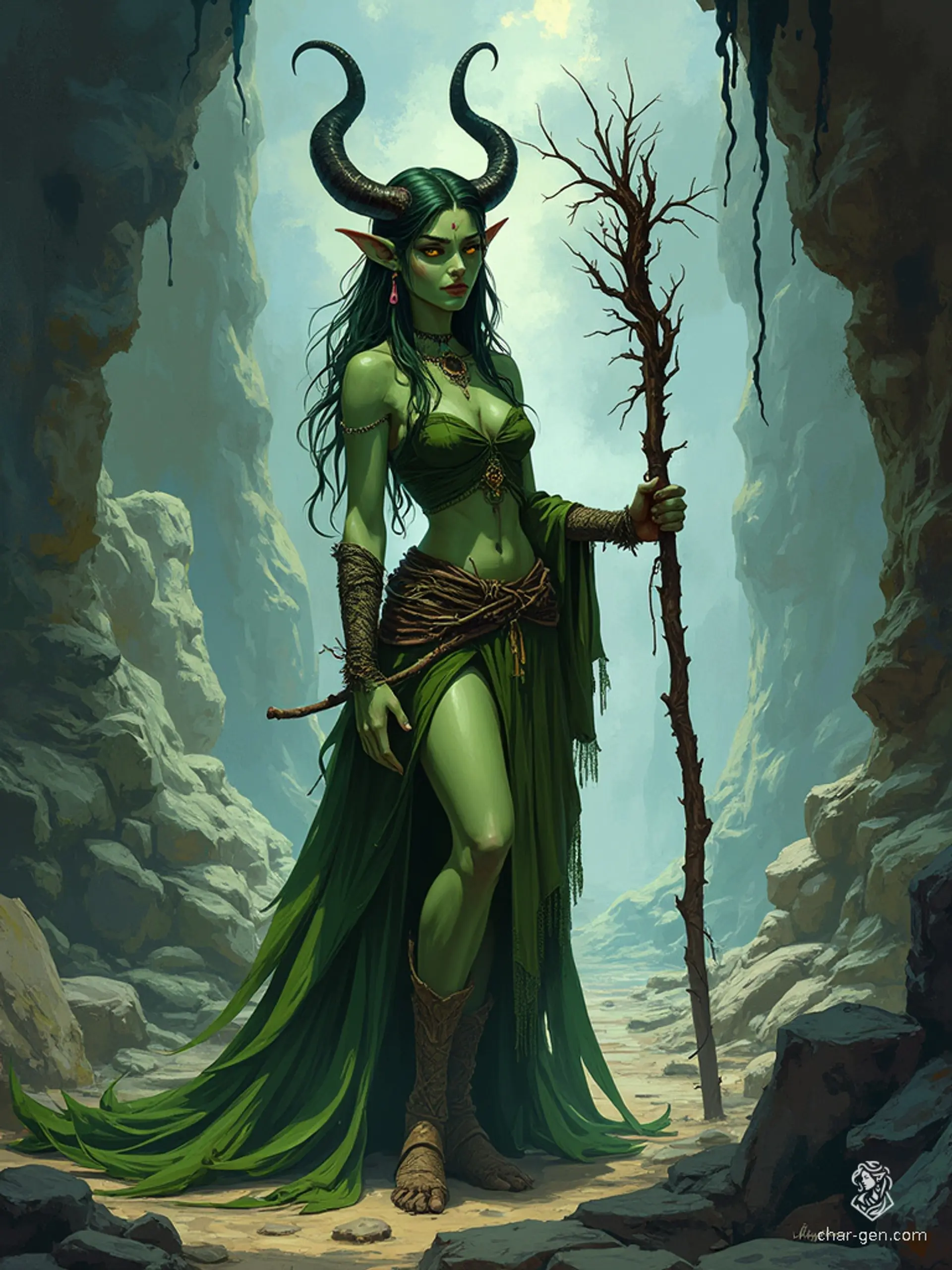 Lilith Valmoira is a wise and extremely intelligent female Tiefling druid, half-human with devilish features like horns and a long tail. Abandoned due to her green skin, she embraced nature, wielding a twig-adorned staff and caring for animal companions. Draped in intricately detailed hides, she finds solace in the natural world.
