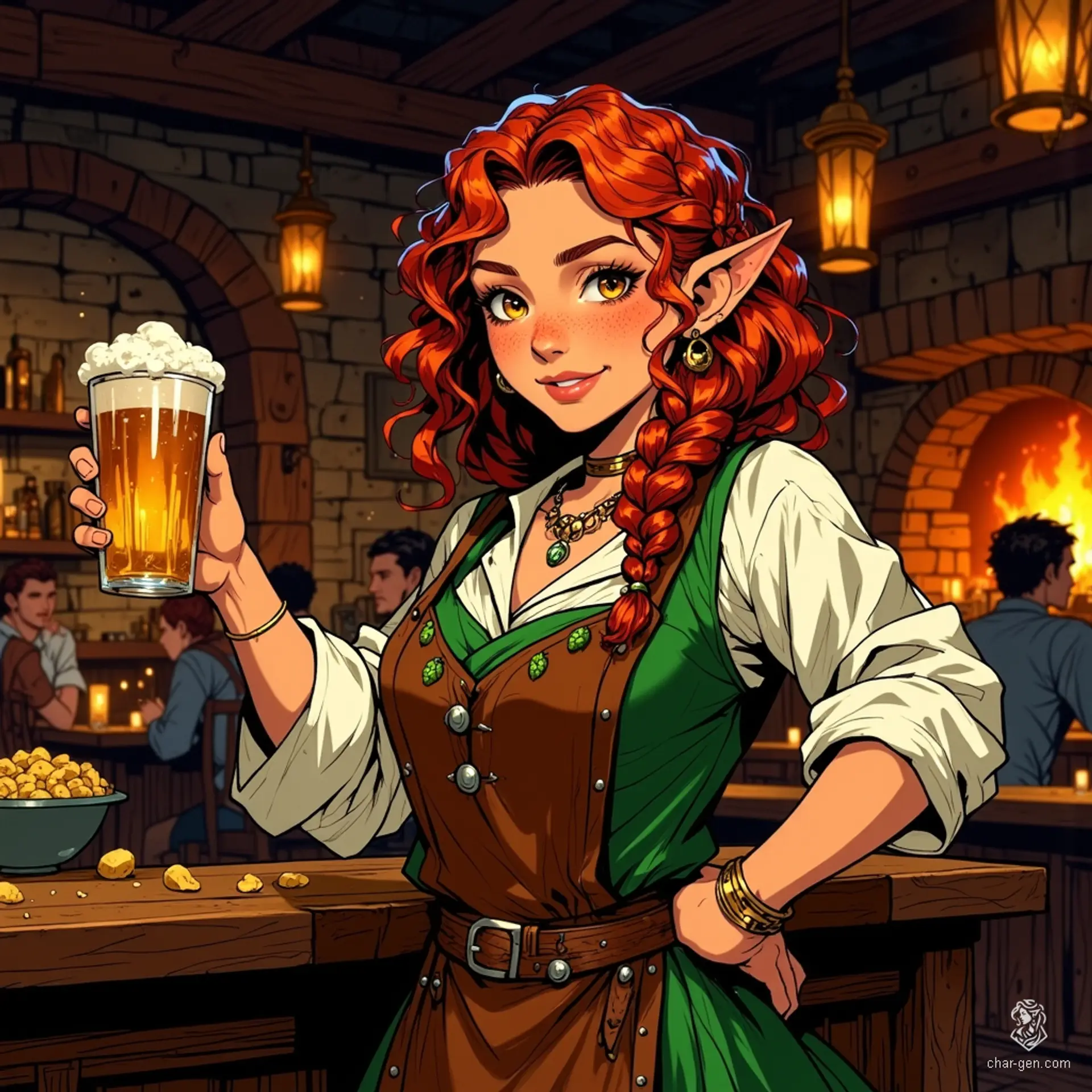 Mira Goldleaf, a charming halfling tavern keeper, welcomes all to her bustling tavern with a bright smile and sparkling hazel eyes. With her curly auburn hair, she weaves tales of adventure while serving hearty meals, creating a warm, inviting atmosphere that feels like home to every patron.