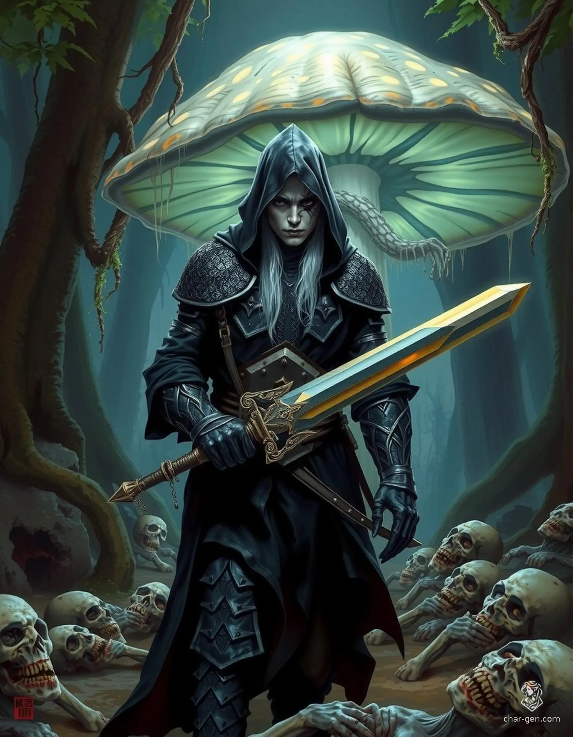 A male Drow, clad in dark clothing and adamantine scale mail, wields an adamantine longsword. A beaked hood partially hides his white hair and ebony tattooed eye. Walking through the Underdark beneath a glowing mushroom, he surveys numerous corpses strewn around him.