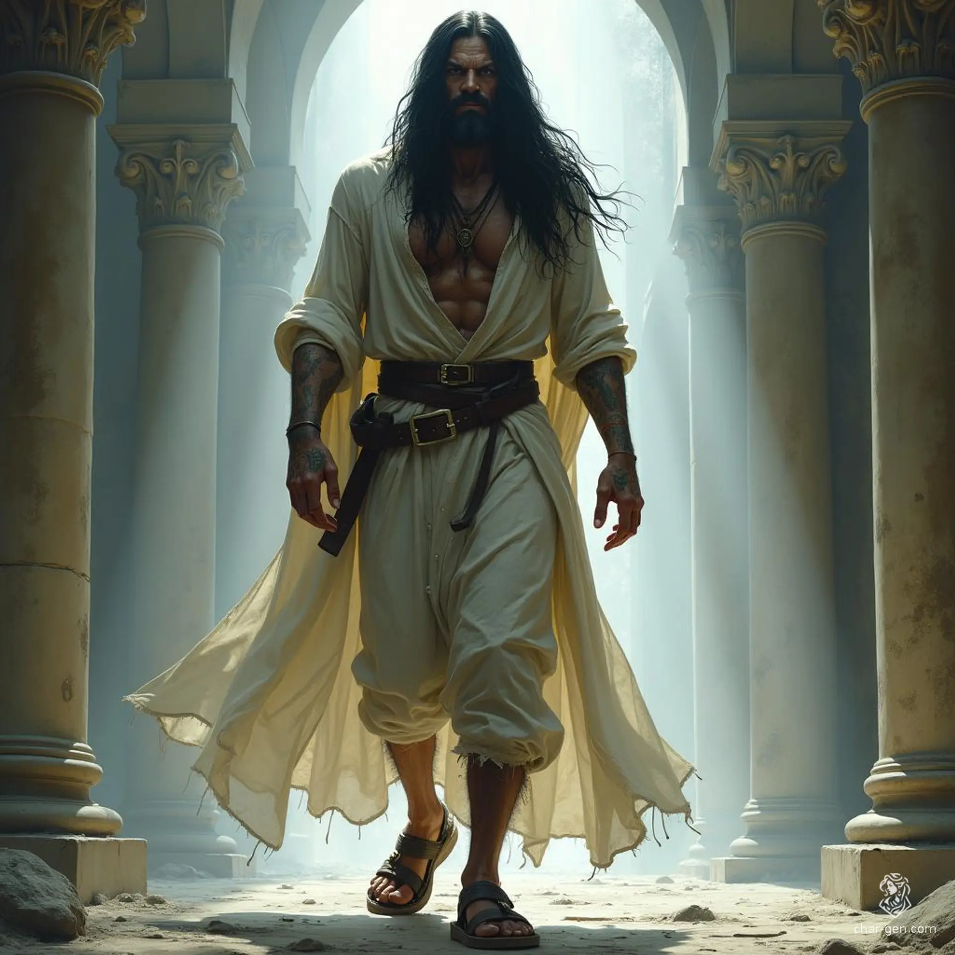 A tall, ragged prisoner, clad in tattered garments and leather sandals, exudes an ethereal aura. With long black hair framing an angry visage, he embodies a haunting blend of magnificence and magic, capturing the viewer's imagination in a painterly, otherworldly realm of fantasy.