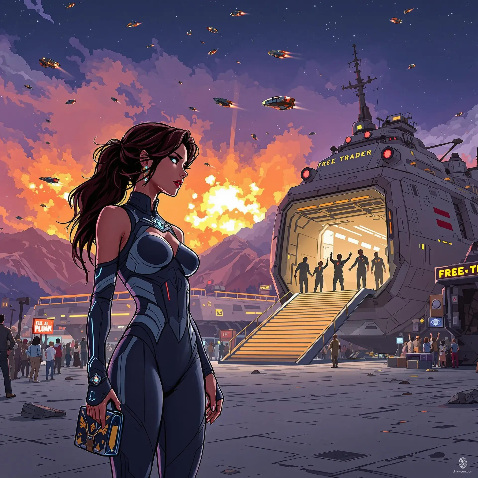 Amidst the chaos of a crumbling spaceport, a determined human escort stands poised at the spaceship's ramp. Clad in a sleek, form-fitting jumpsuit, she clutches an ornate bag, her eyes reflecting urgency and hope. As distant explosions illuminate the night, she embodies resilience, ready to embrace a new beginning.