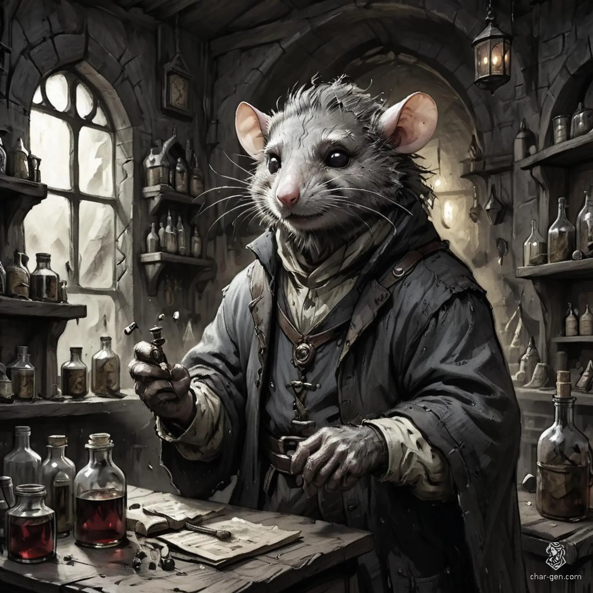 Grizzle, a savvy male ratfolk shopkeeper, thrives in his bustling market. With a rat-like visage, frizzy fur, and intricate goggles, he expertly crafts mechanical devices while bartering various goods. His medium skin tone complements his keen intellect, making him a beloved figure among adventurers and villagers alike.