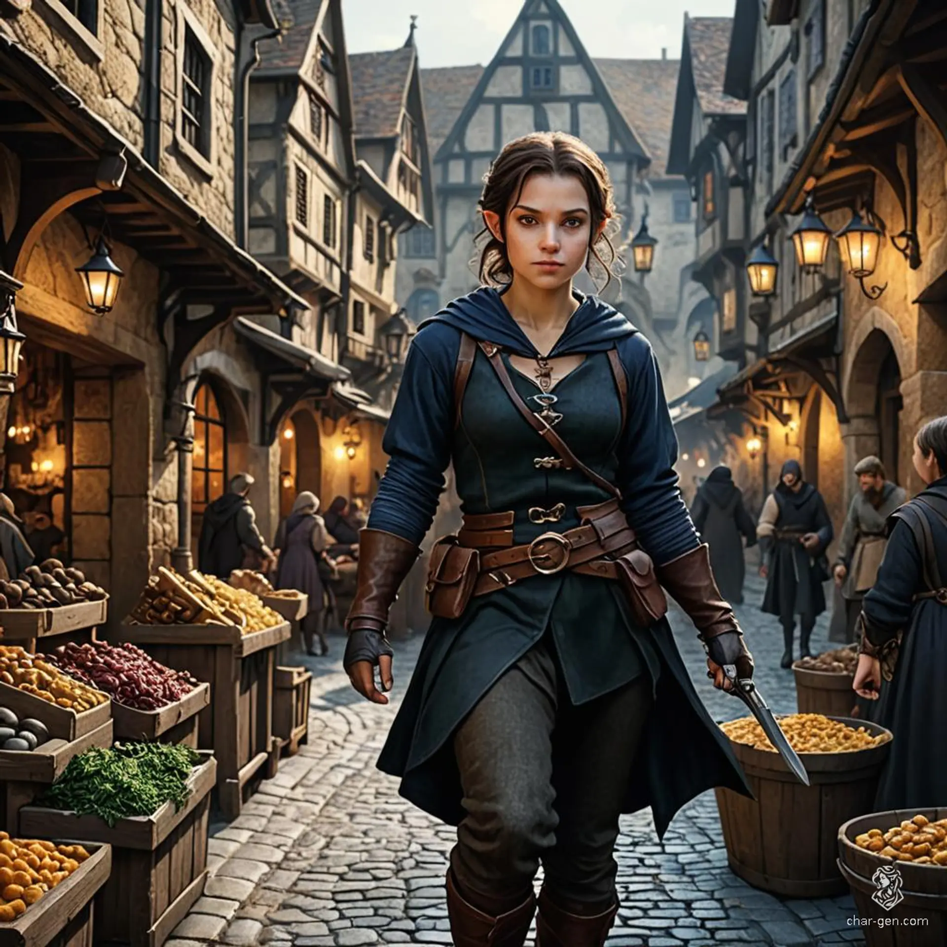 A nimble-fingered female halfling thief, dressed in dark clothing, excels at picking locks and pockets in crowded markets. As a stealthy rogue, her light-footed stance makes her a master of evasion and subterfuge.